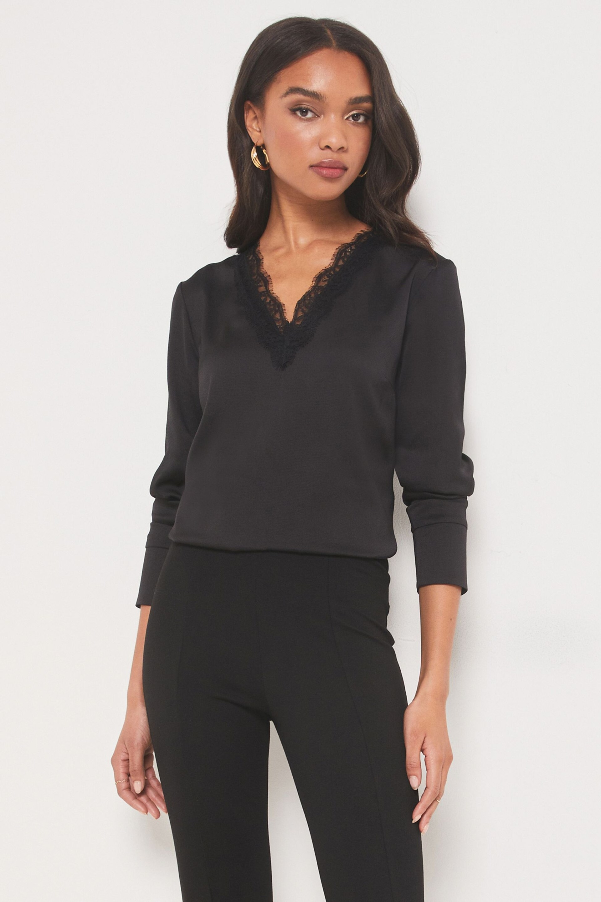 Lipsy Black Lace Trim Satin V Neck Top - Image 1 of 4