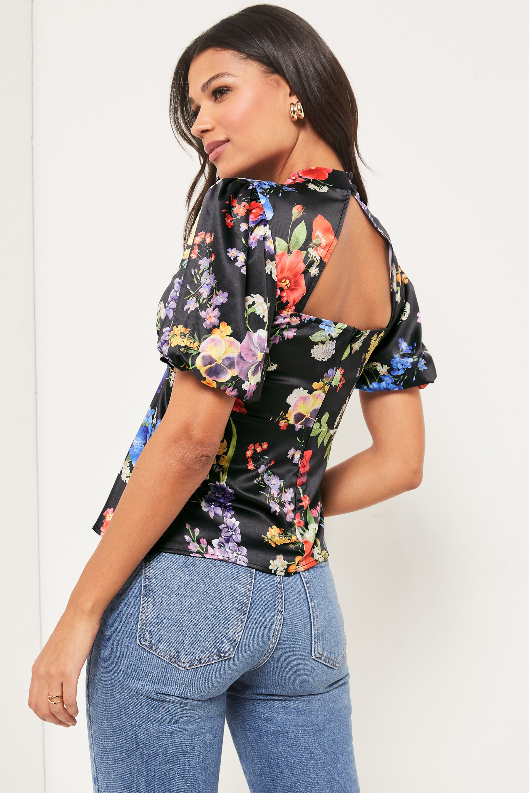 Buy Lipsy Black Rainbow Floral Puff Sleeve Cut Out Top from Next Luxembourg