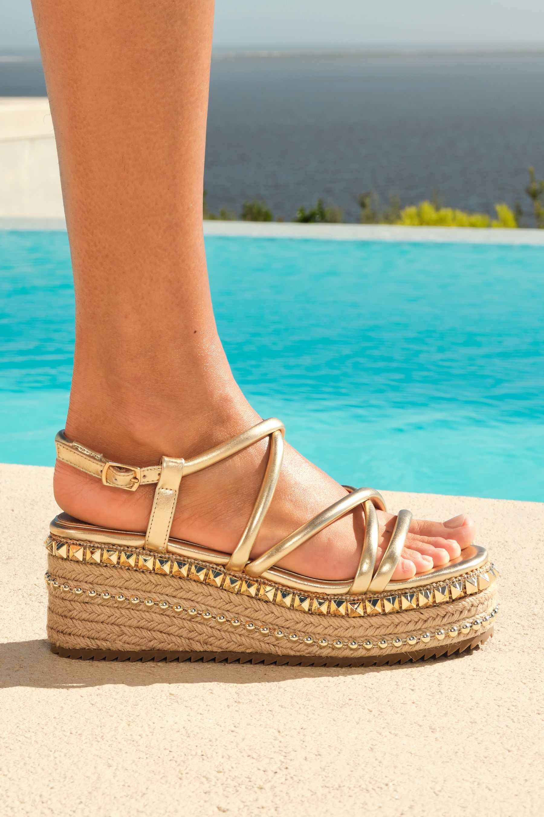 Buy Lipsy Gold Studded Flatform Espadrille Wedge Sandals from Next Luxembourg
