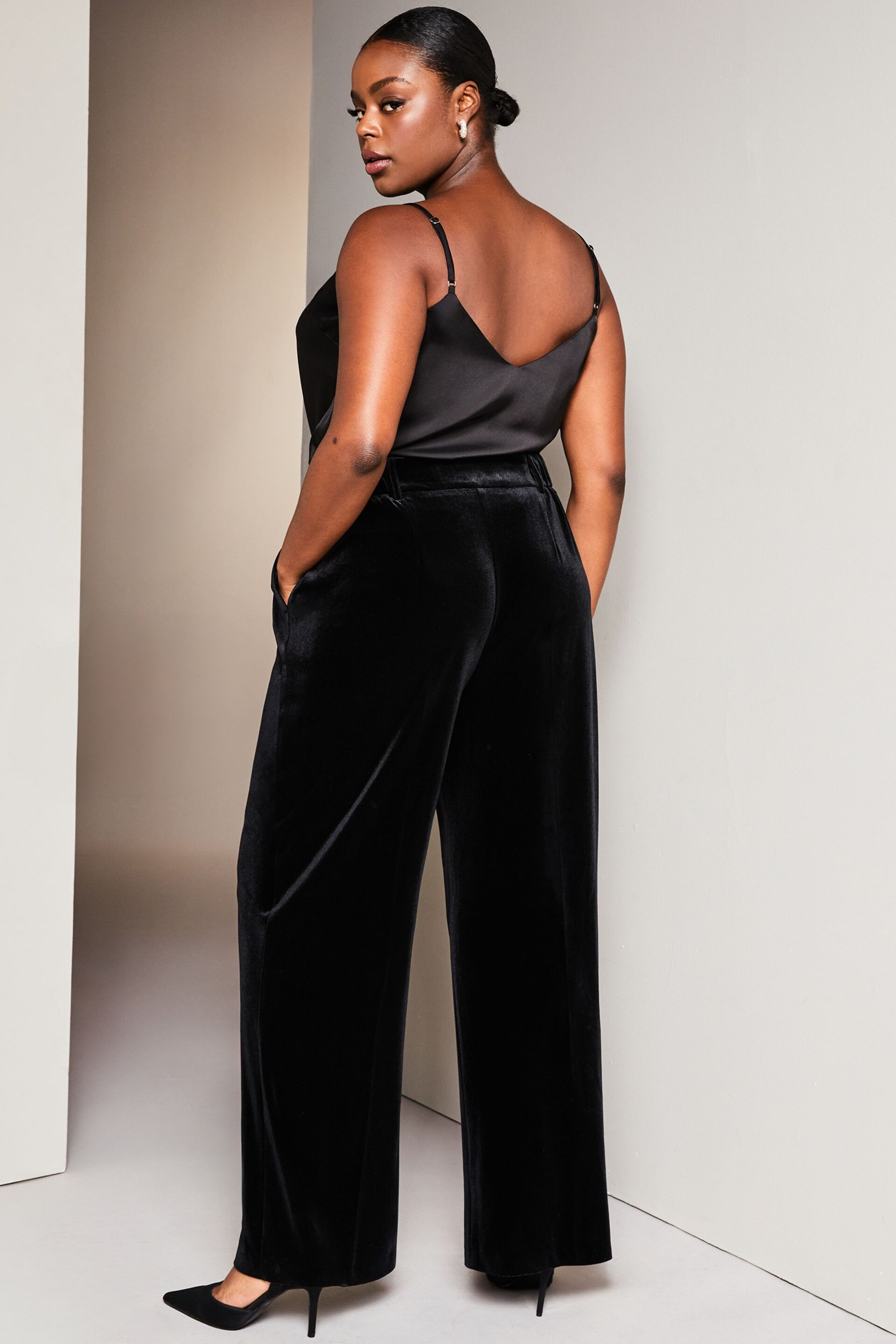 Lipsy Black Curve Velvet High Waisted Tailored Suit Trousers - Image 2 of 4