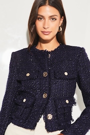 Lipsy Navy Blue Boucle Cropped Tailored Button Through Pocket Blazer Jacket - Image 4 of 4