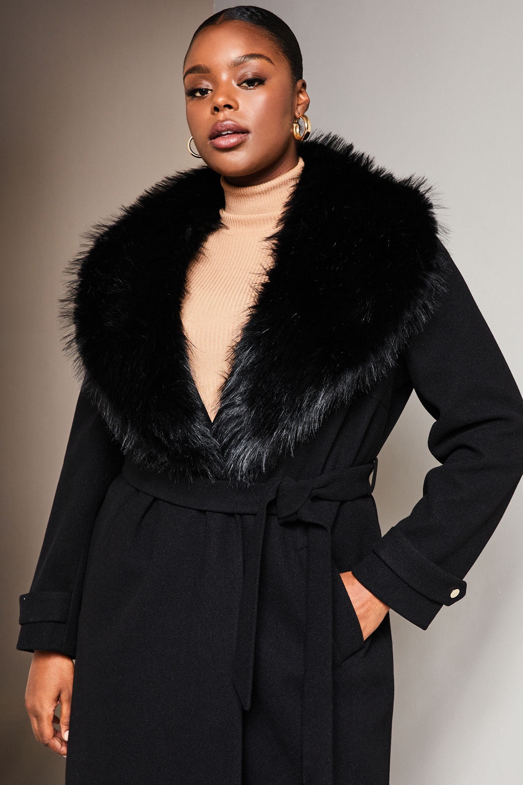 Black faux fur collar belted coat sales