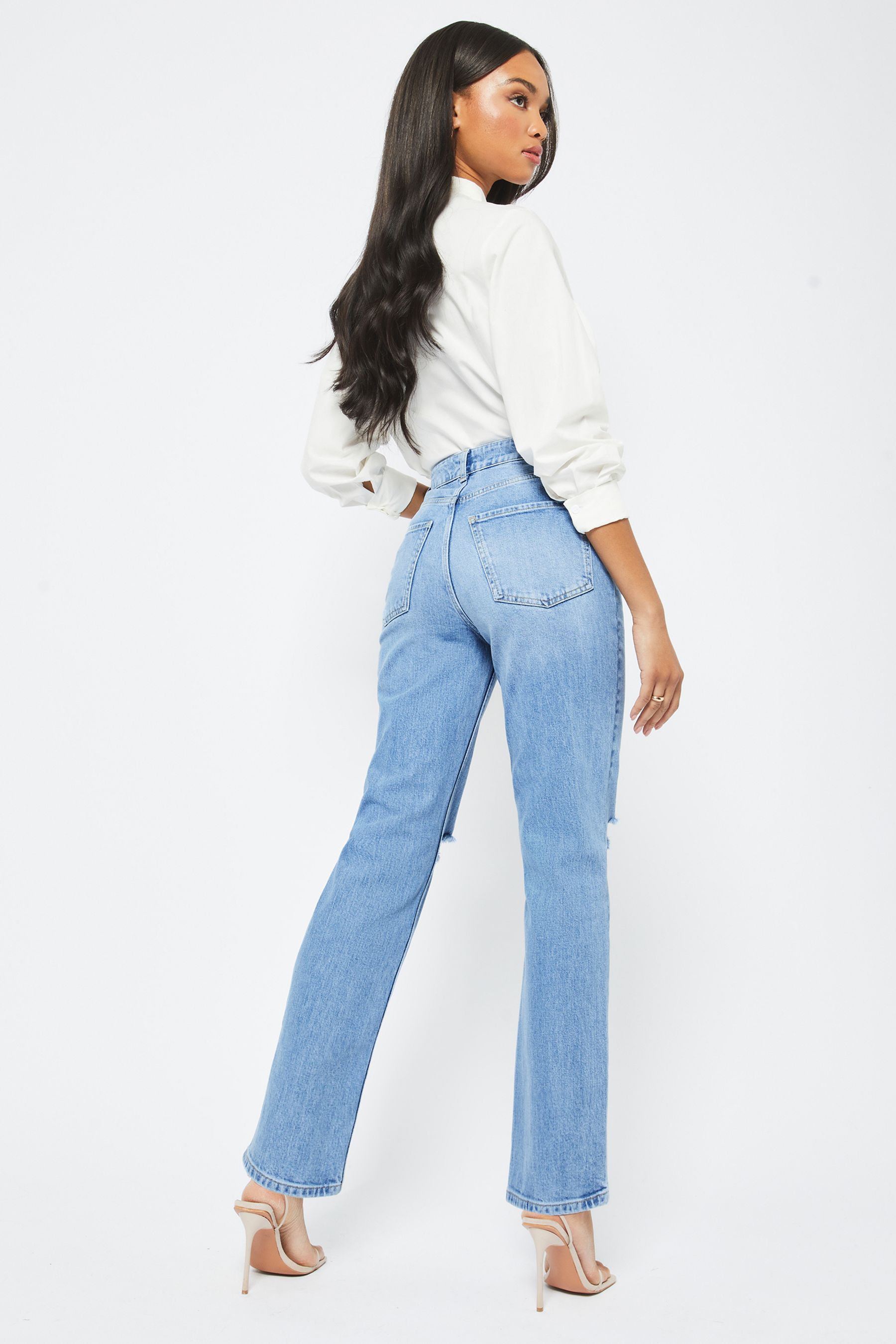 Buy Lipsy Ripped Blue Petite High Waist Straight Leg Harper Jeans from Next Luxembourg