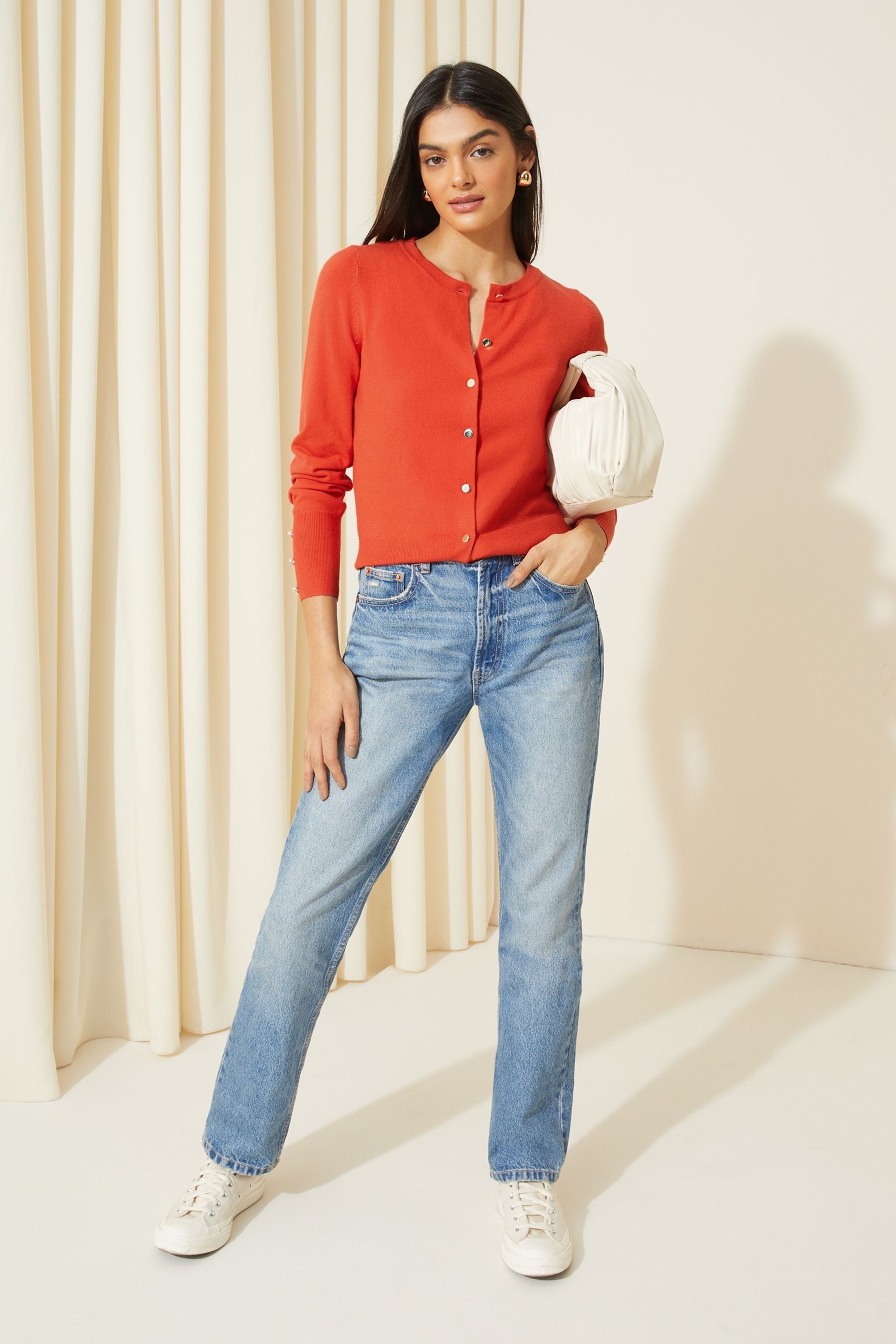 Red crew neck cardigan online