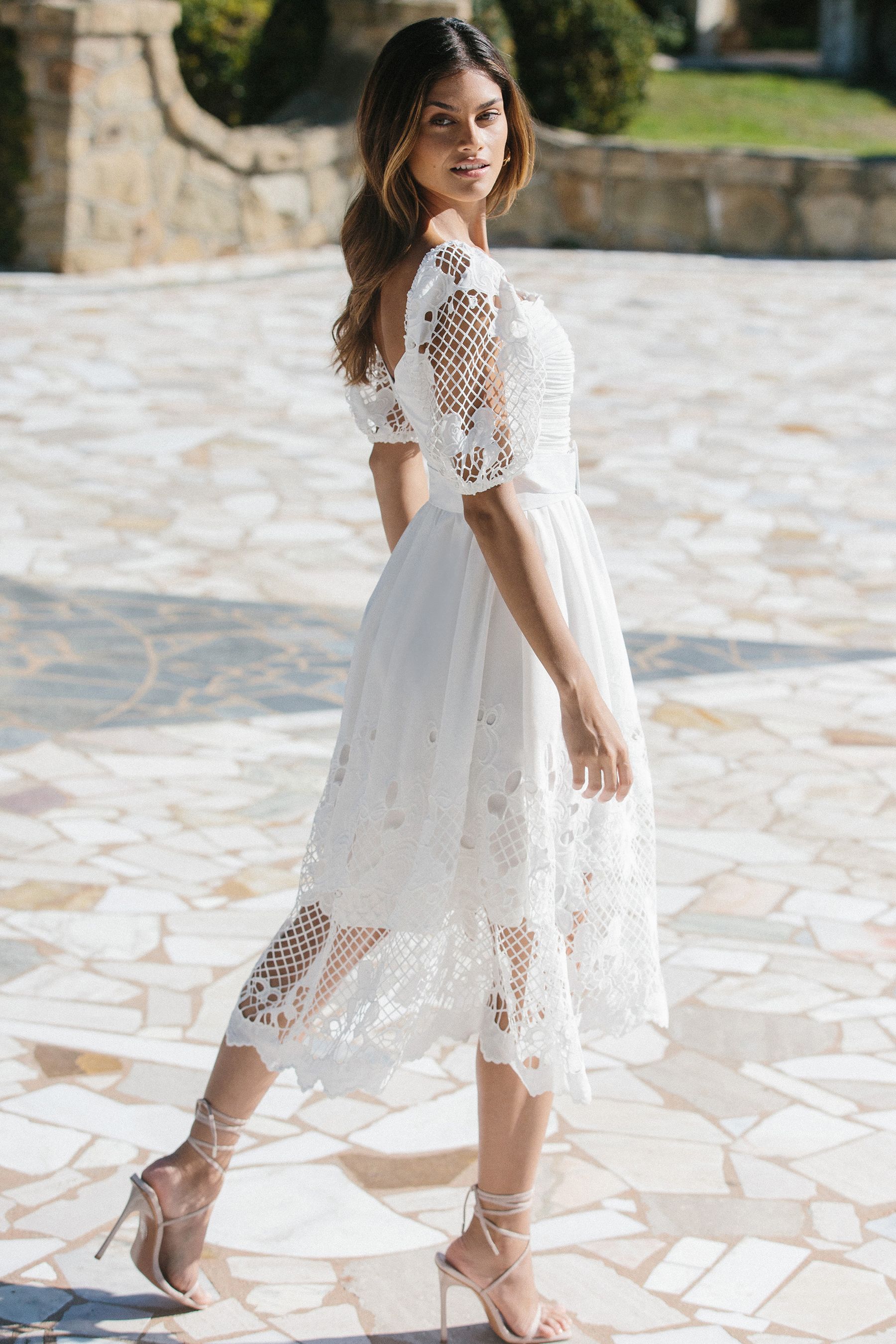 Buy Lipsy White Premium Square Neck Puff Sleeve Lace Belted Skater Dress from Next Luxembourg