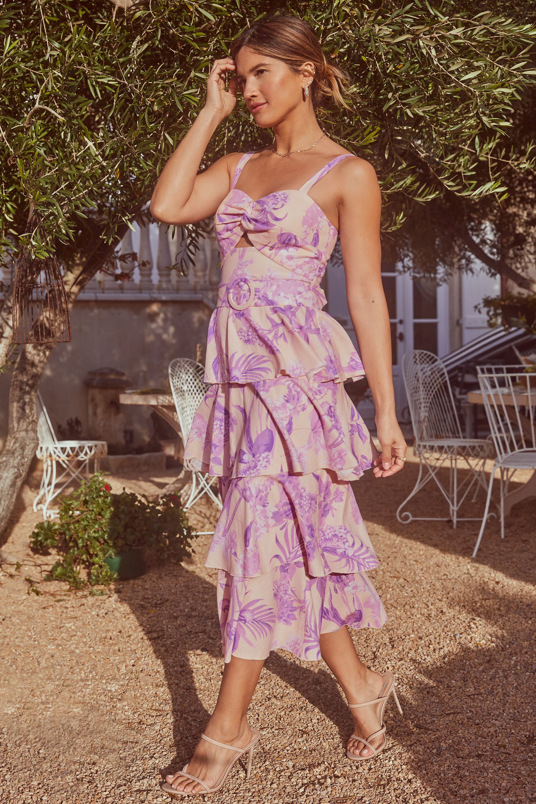 Buy Lipsy Purple Cut Out Belted Sweetheart Neck Tiered Midi Dress from Next Luxembourg
