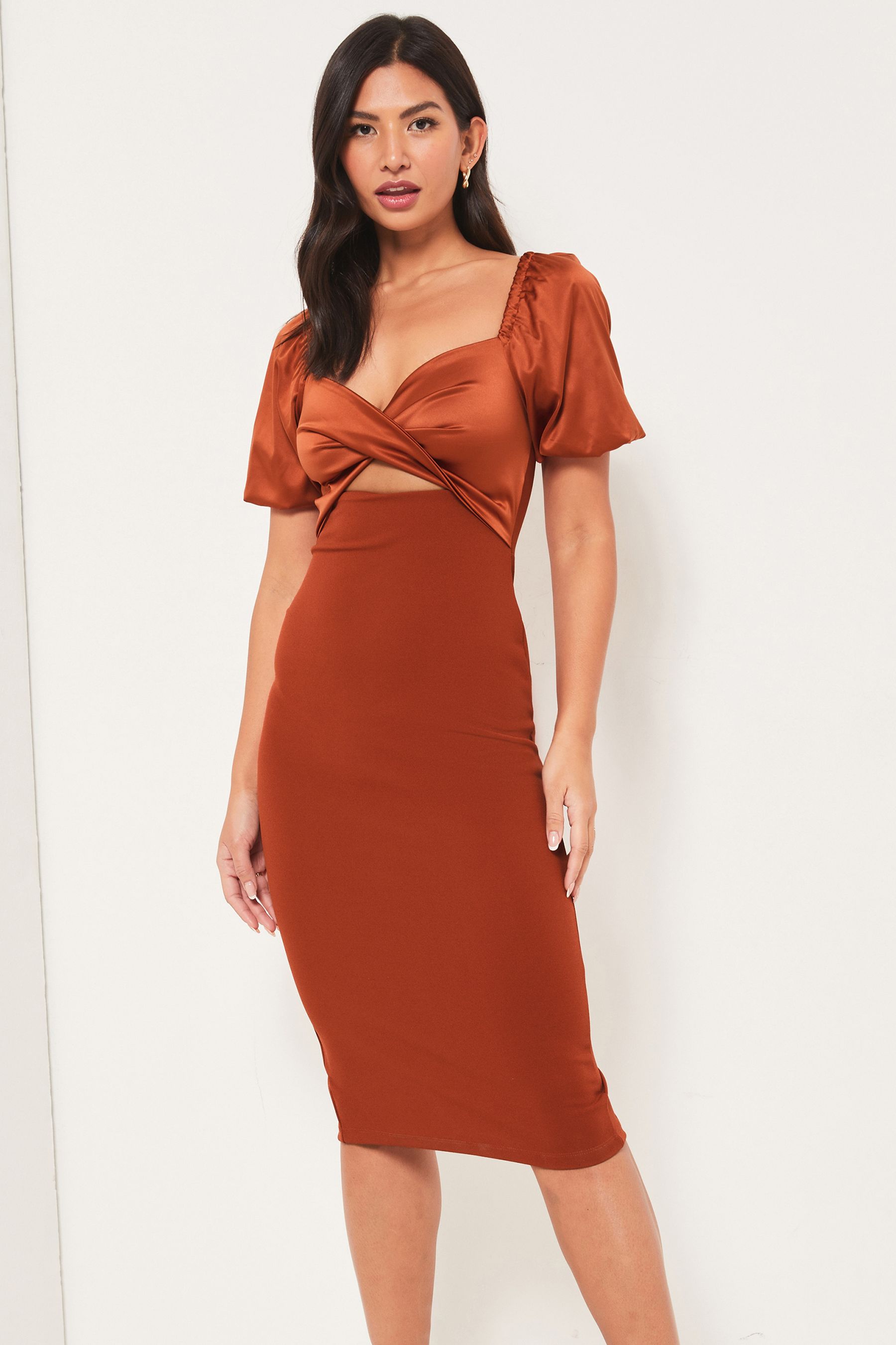 Buy Lipsy Rust Puff Sleeve Sweetheart Neck Cut Out Midi Dress from Next Luxembourg