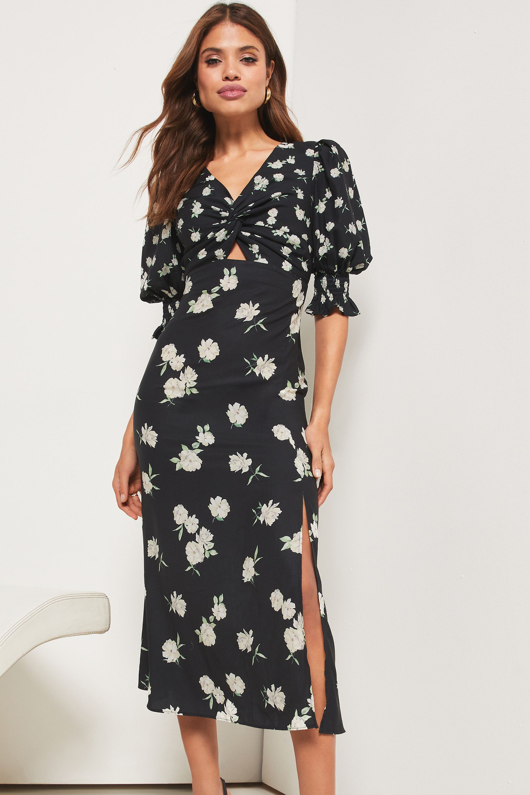Lipsy Black Floral Twist Front Cut Out Midi Dress