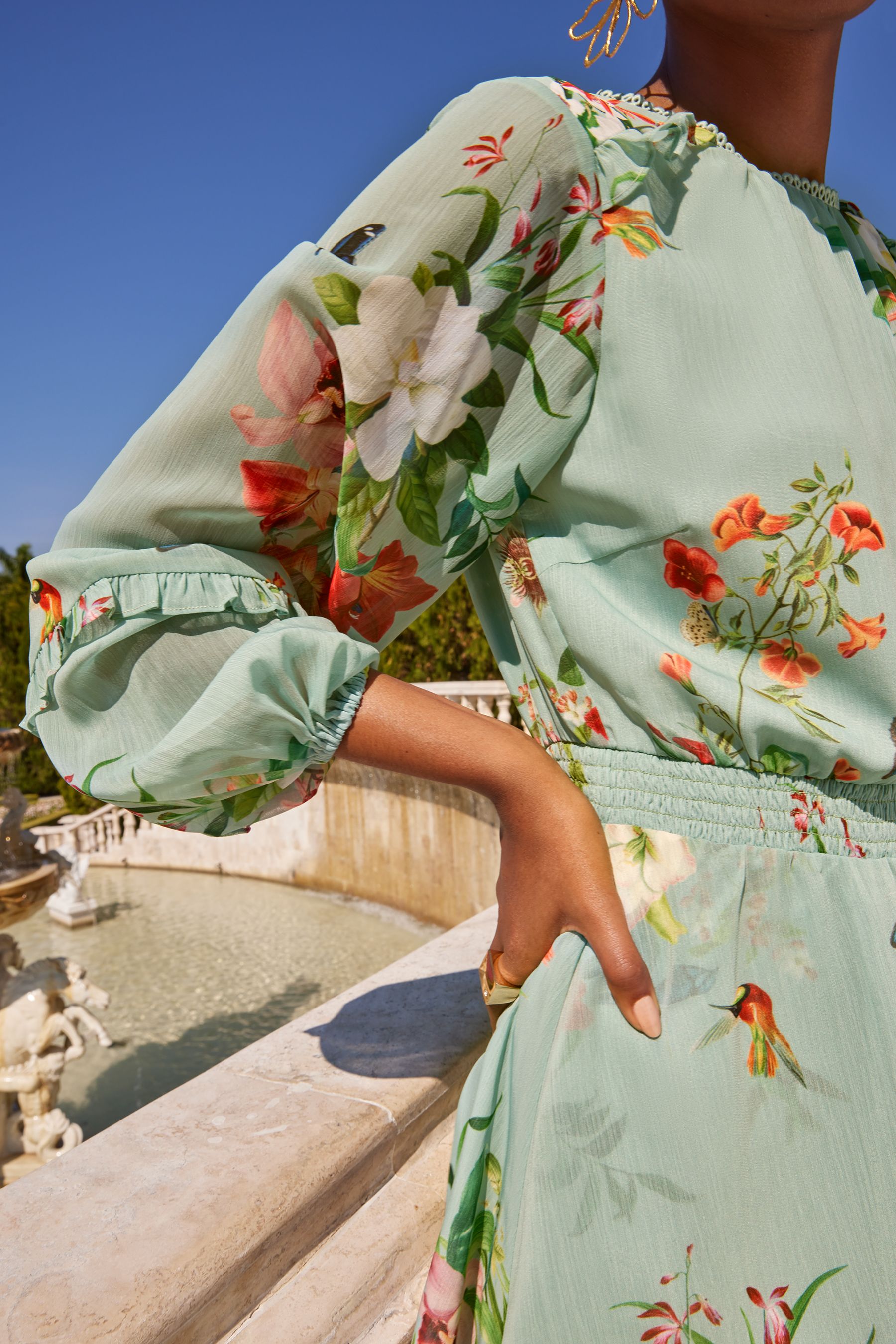 Buy Love Roses Sage Green Floral Printed Ruffle Long Sleeve Skater Dress from Next Luxembourg