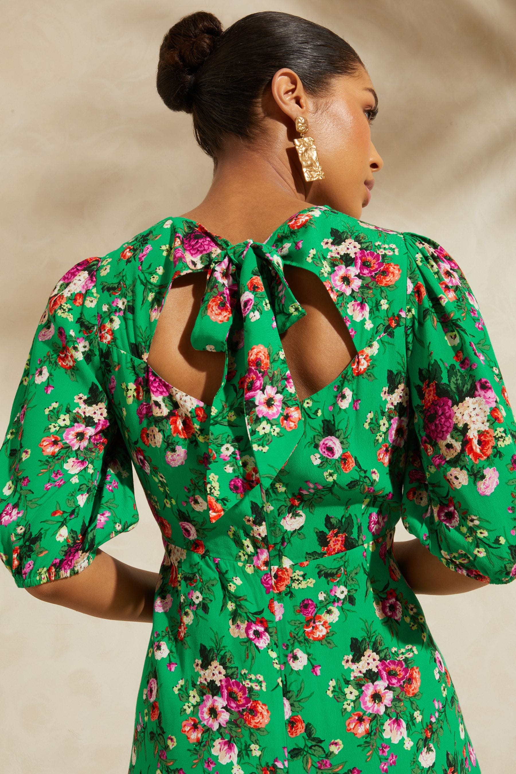 Buy V A Love Roses Green Floral Printed Empire Puff Sleeve Split Midi Dress from Next Luxembourg