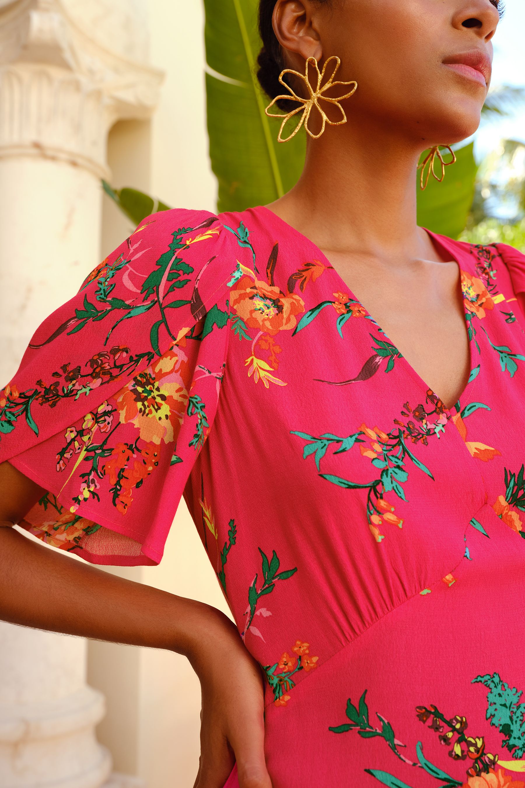 Buy Love Roses Pink Floral Flutter Sleeve V Neck Tie Back Split Midi Dress from Next Luxembourg