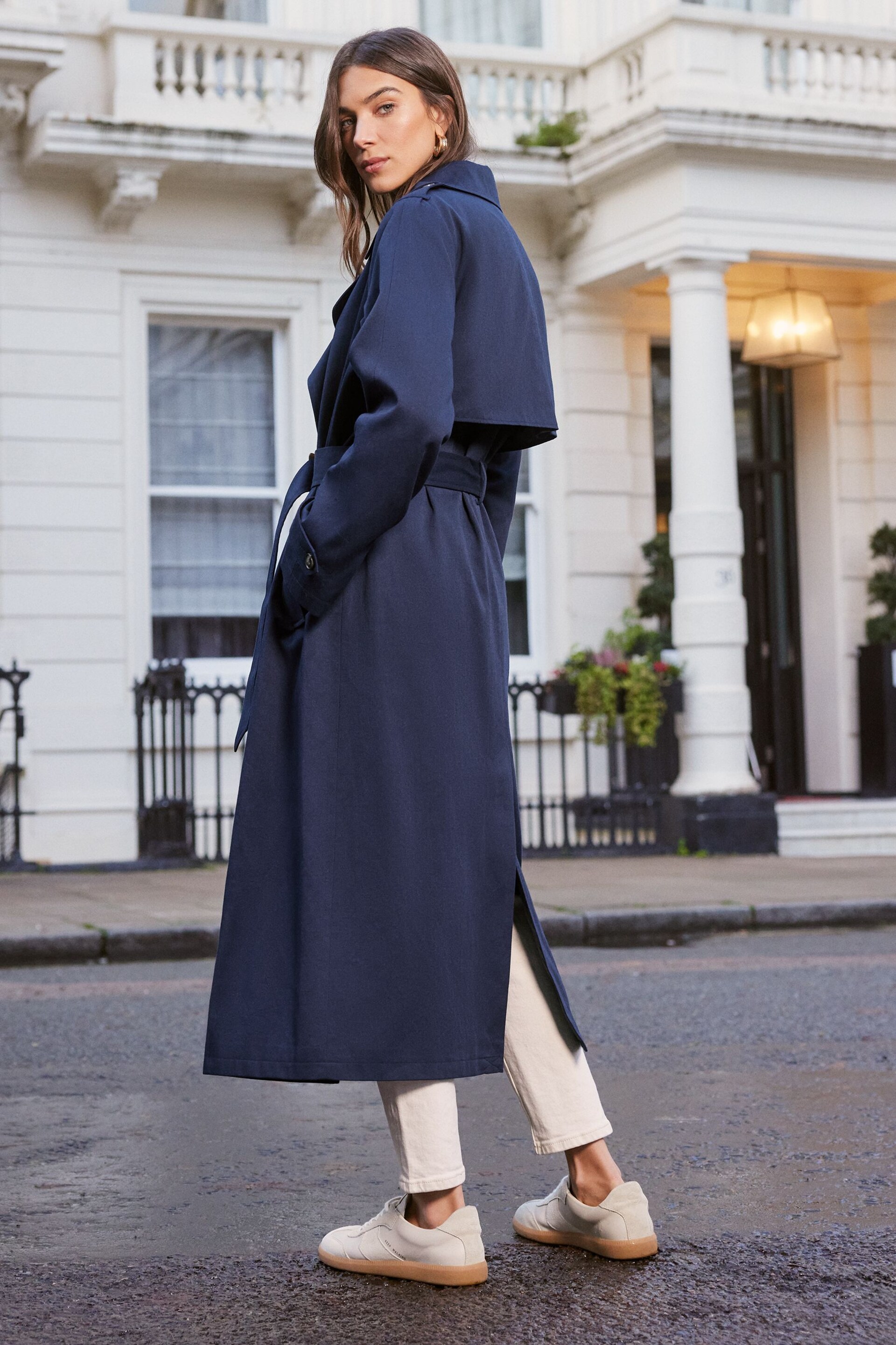 Love & Roses Navy Blue Classic Belted Trench Coat - Image 3 of 4