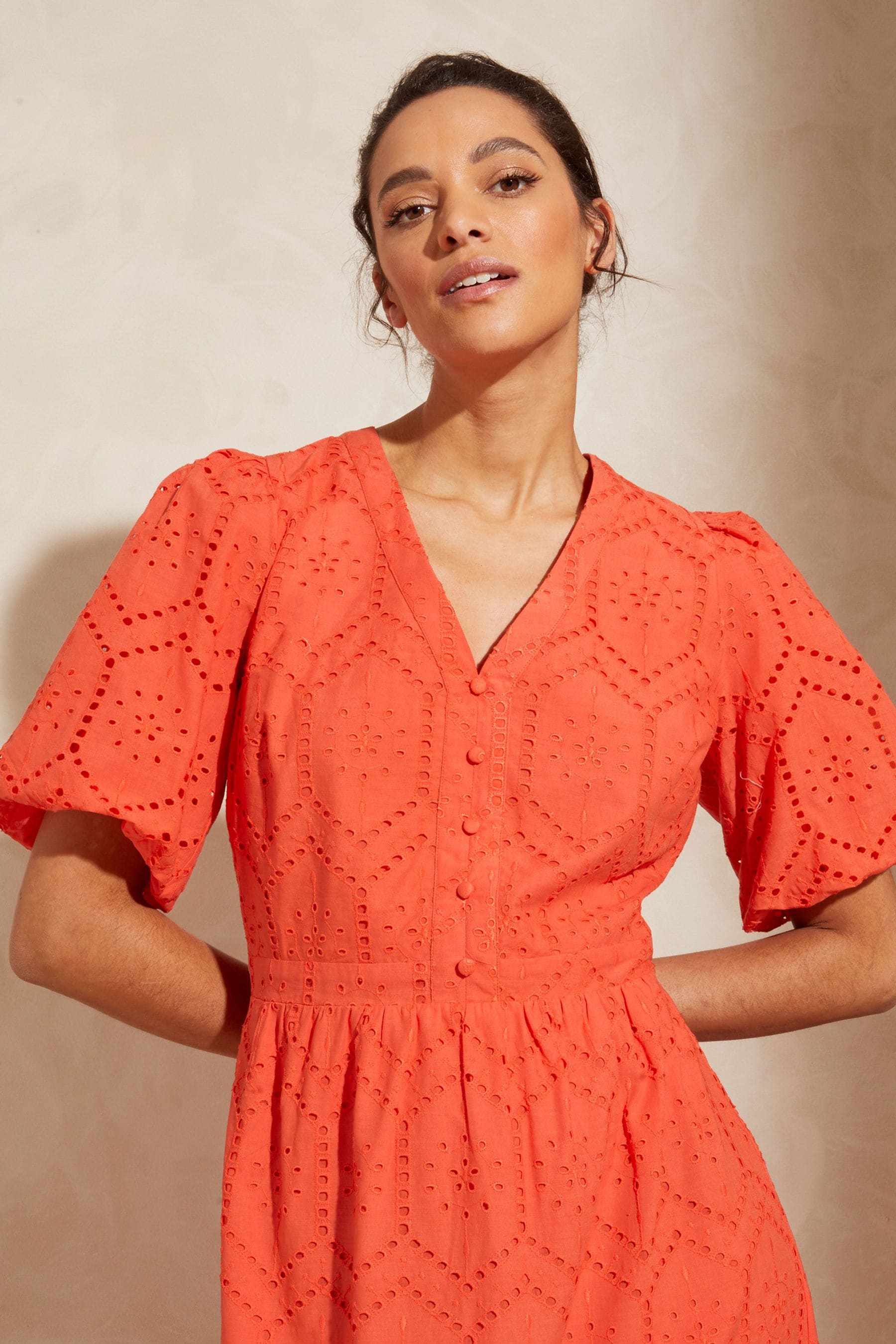 Buy Love Roses Orange Broderie V Neck Puff Sleeve Midi Dress from Next Luxembourg