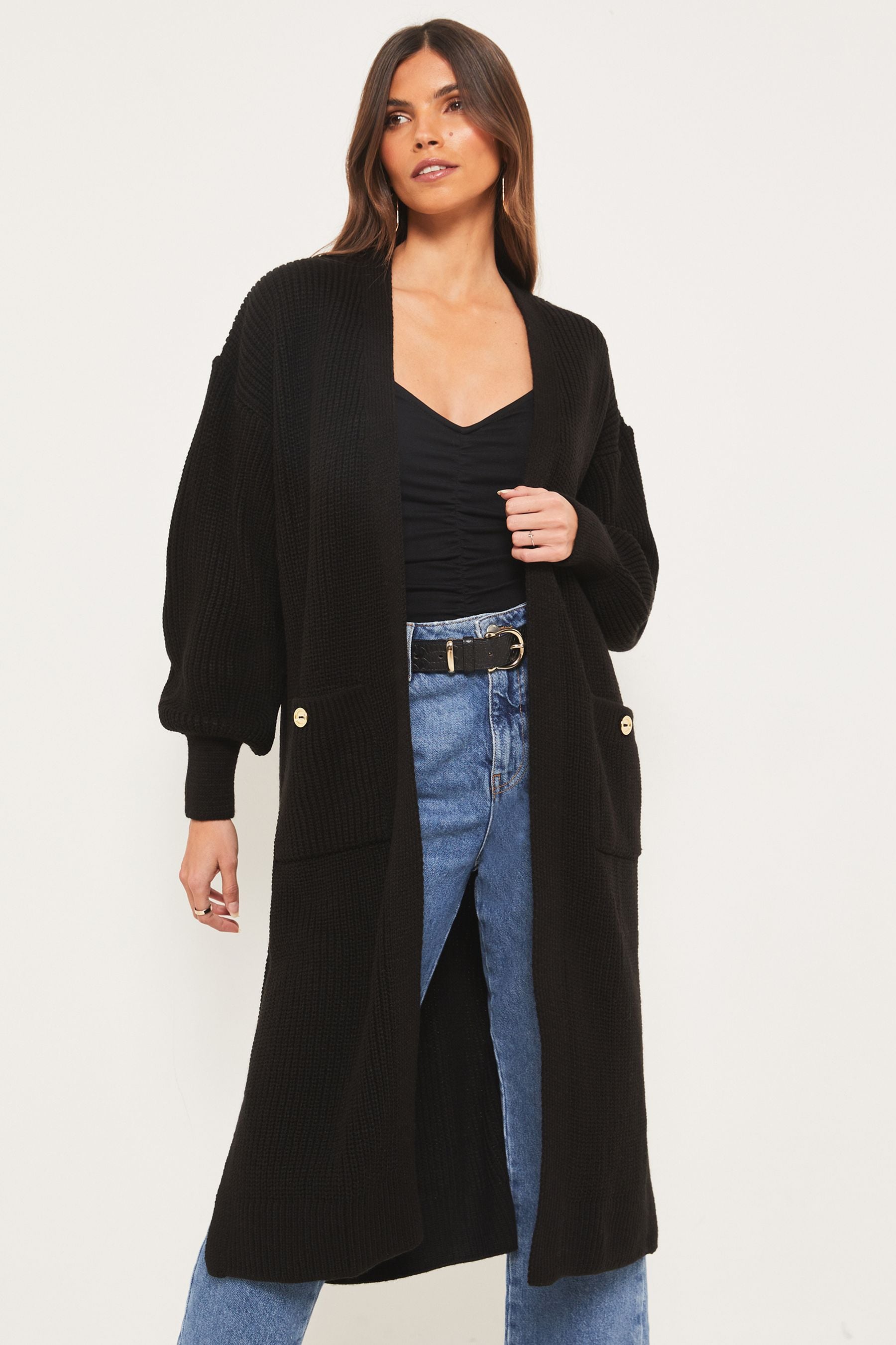 Buy Lipsy Black Ribbed Knitted Longline Cardigan from Next Luxembourg