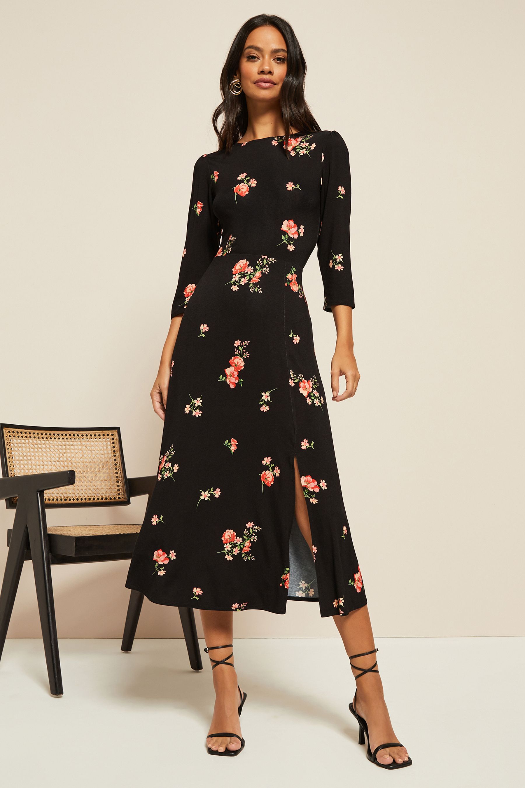 Buy Friends Like These Black Floral Petite Cut Out Detail Midi Dress from Next Luxembourg