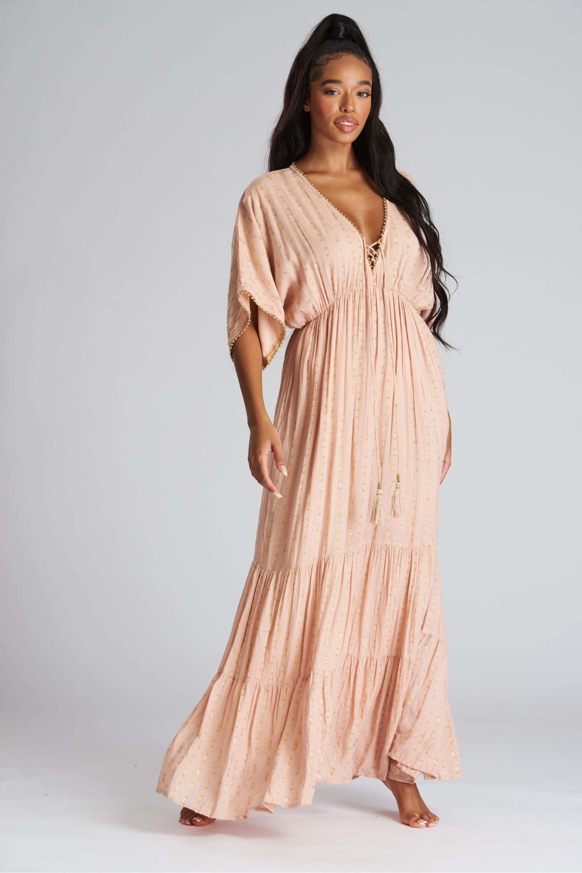 South Beach Pink Metallic Tiered Maxi Dress - Image 2 of 5
