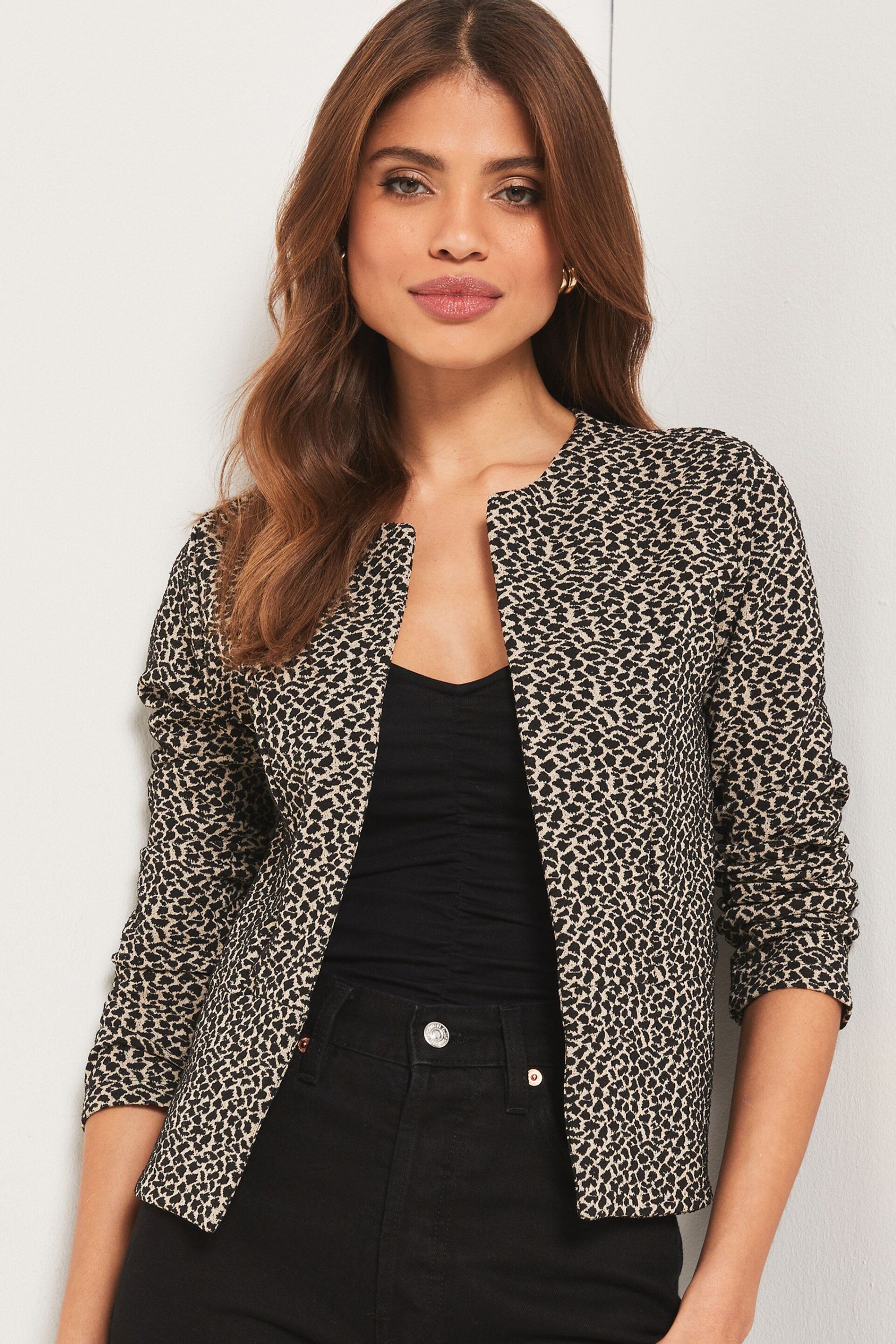 Lipsy Leopard Cropped Long Sleeve Blazer - Image 1 of 4