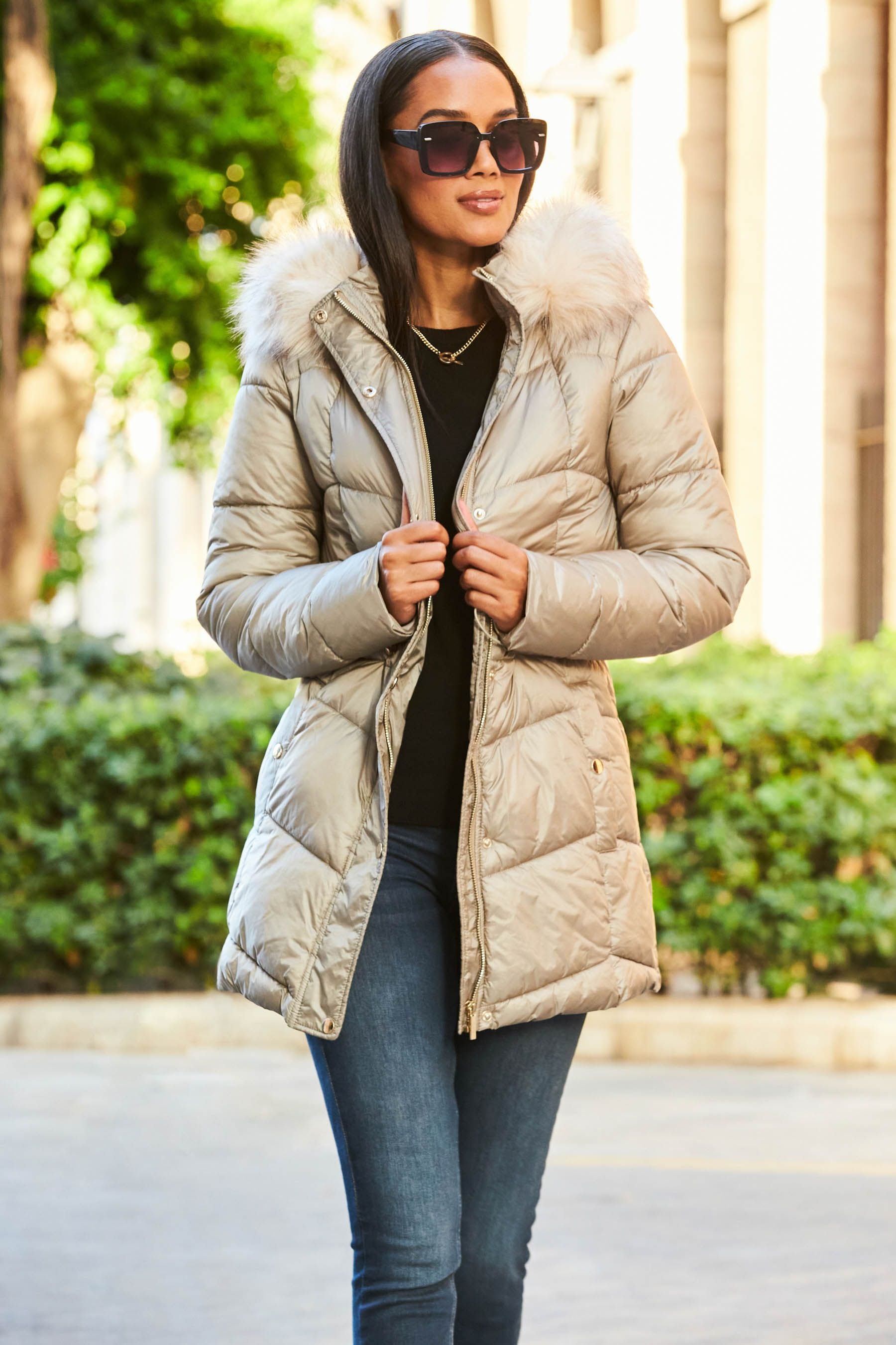 Metallic coat with fur hood on sale