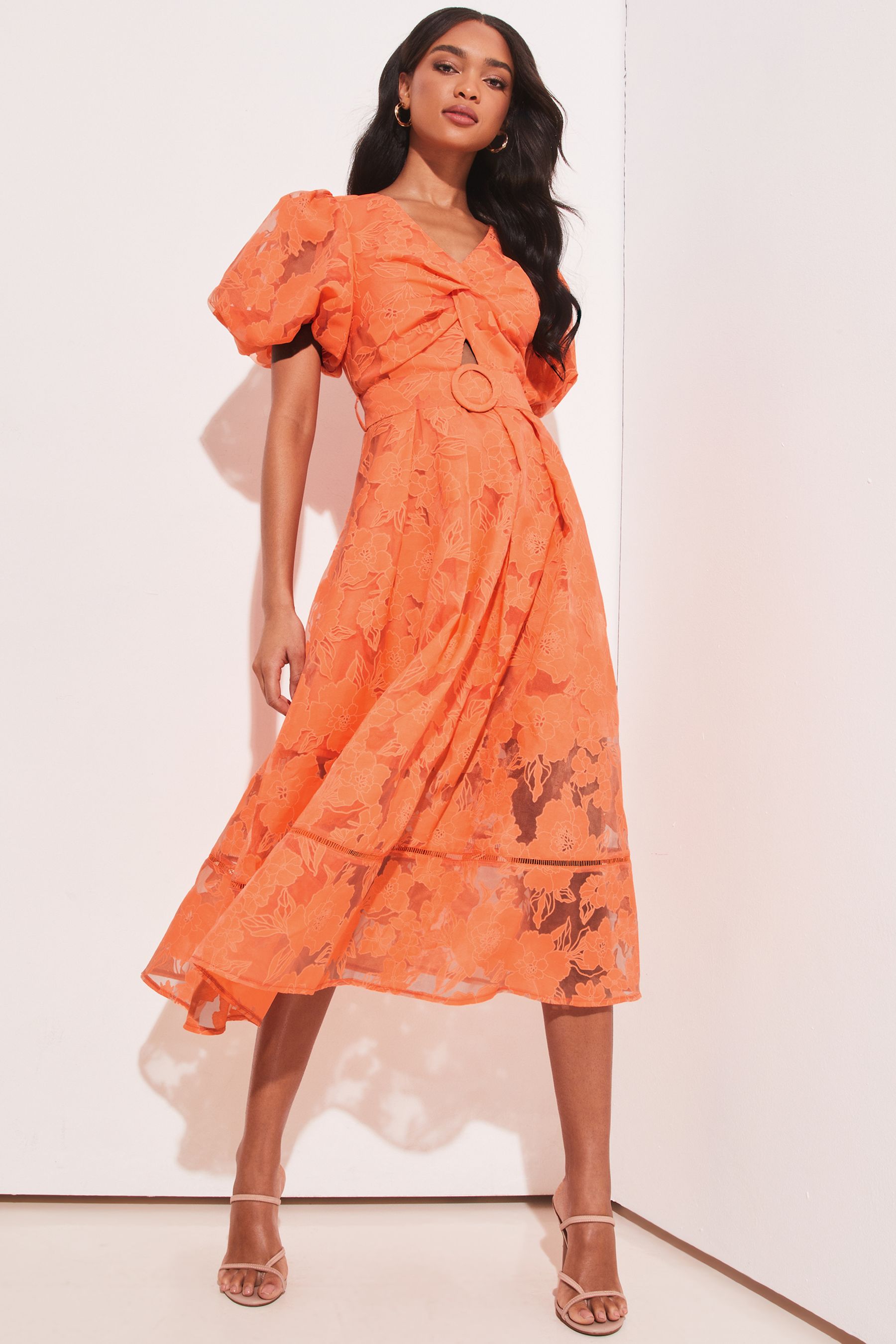 Buy Lipsy Orange Premium Cut Out Lace Twist 3D Puff Sleeve Belted Midi Dress from Next Belgium