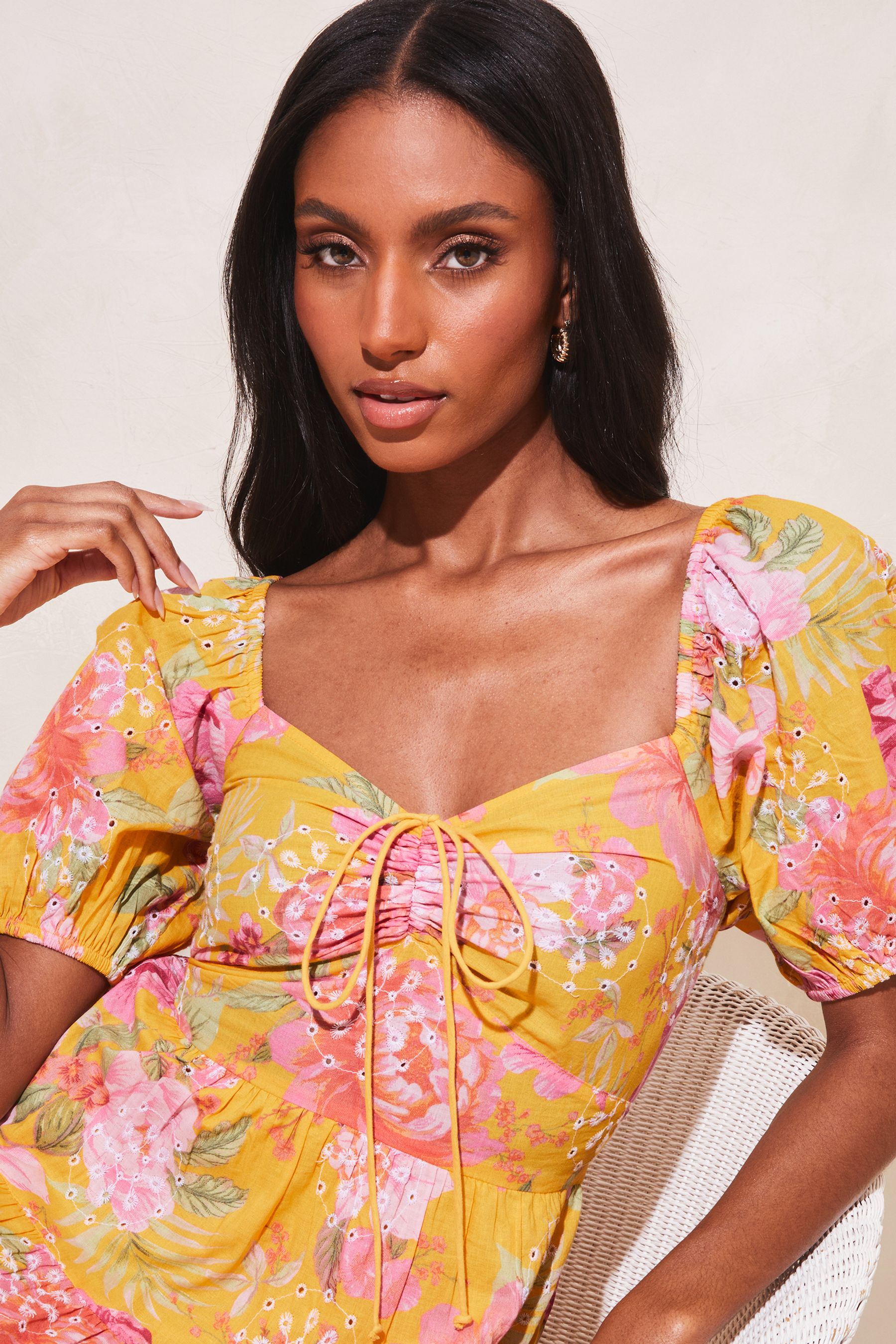 Buy Lipsy Yellow Floral Broderie Ruched Sweatheart Puff Sleeve Tiered Mini Dress from Next Luxembourg