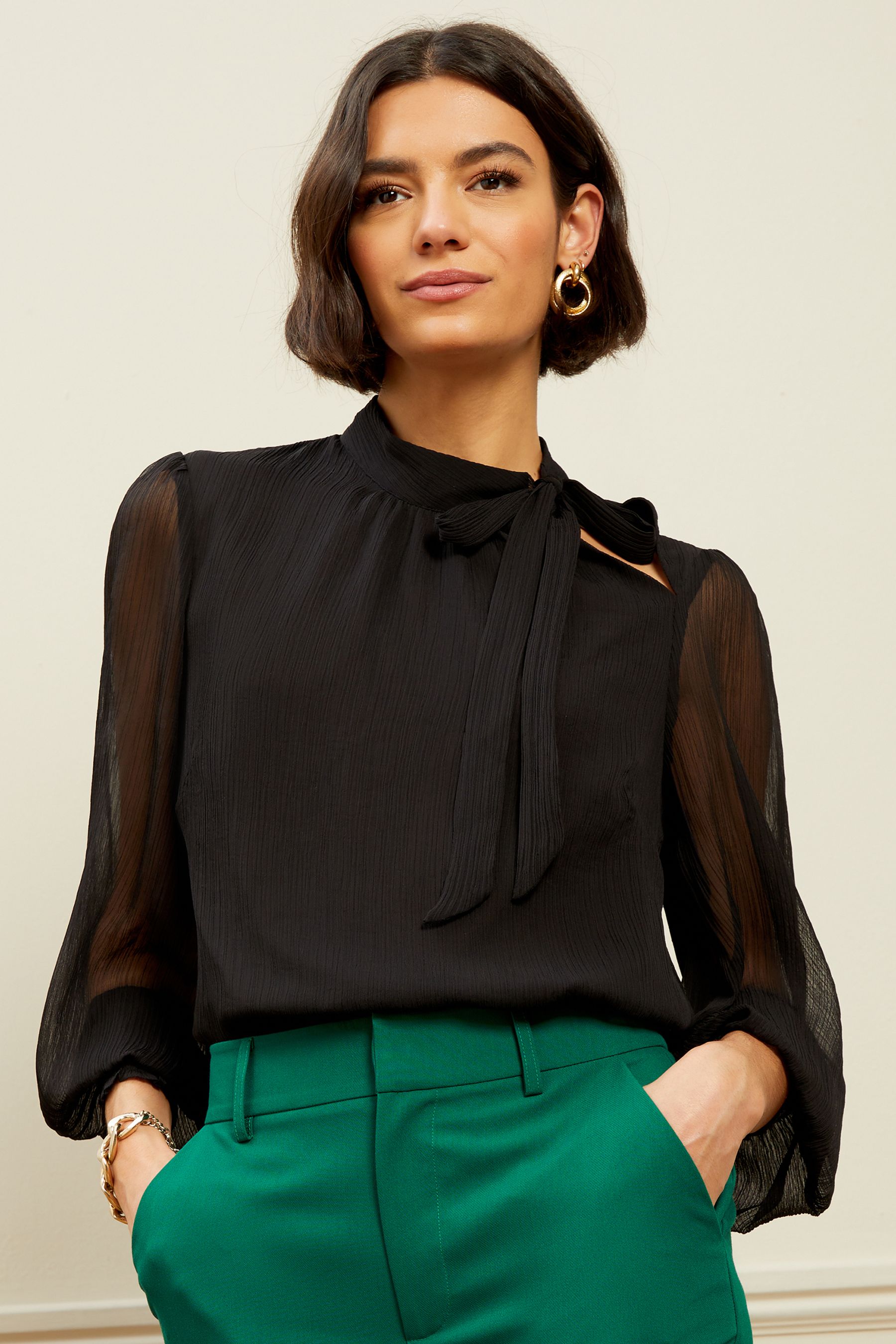 Buy Love Roses Black Chiffon Tie Neck Blouse from Next Luxembourg