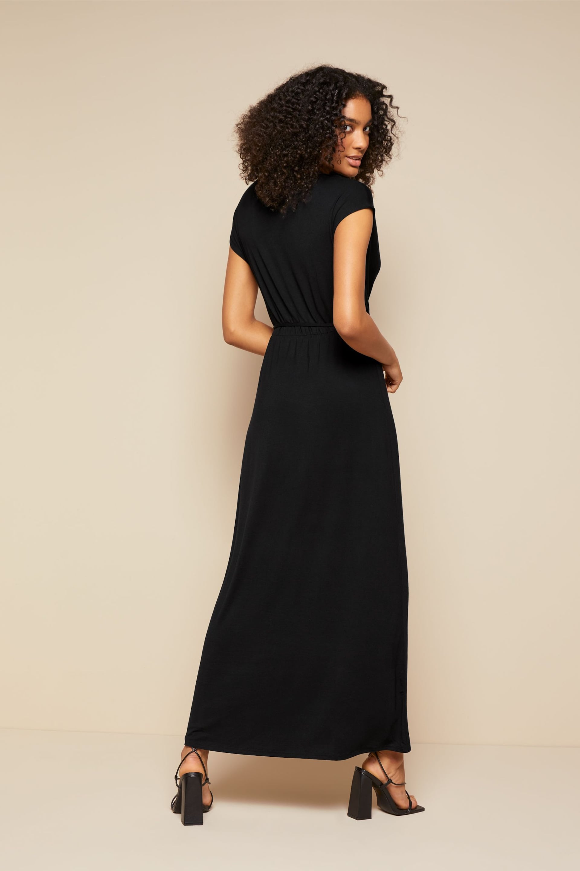 Friends Like These Black Short Sleeve Wrap V Neck Tie Waist Summer Maxi Dress - Image 2 of 4