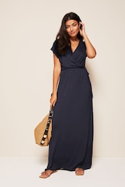 Friends Like These Navy Blue Short Sleeve Wrap V Neck Tie Waist Summer Maxi Dress - Image 1 of 4