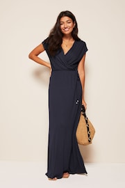 Friends Like These Navy Blue Short Sleeve Wrap V Neck Tie Waist Summer Maxi Dress - Image 2 of 4