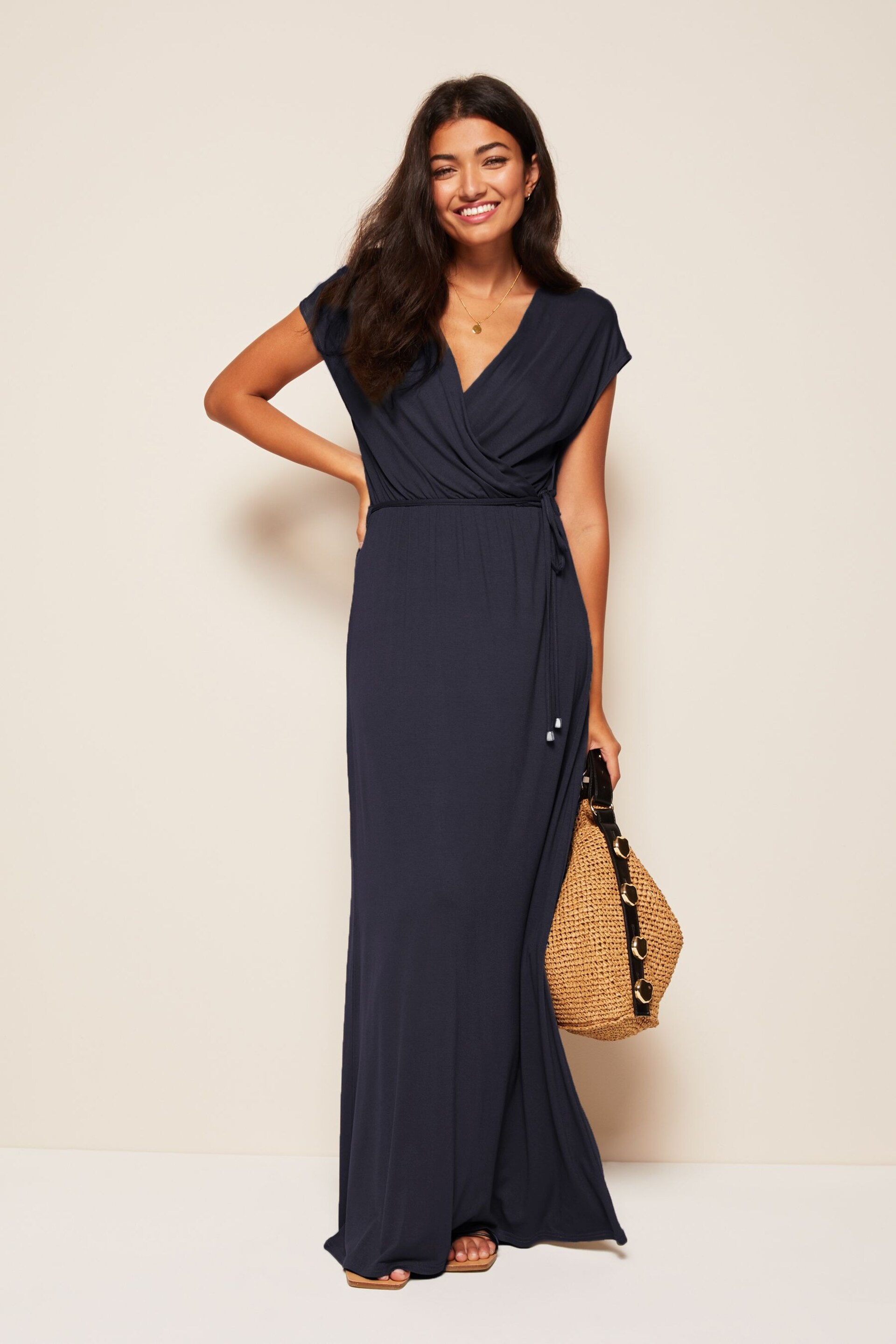 Friends Like These Navy Blue Short Sleeve Wrap V Neck Tie Waist Summer Maxi Dress - Image 2 of 4