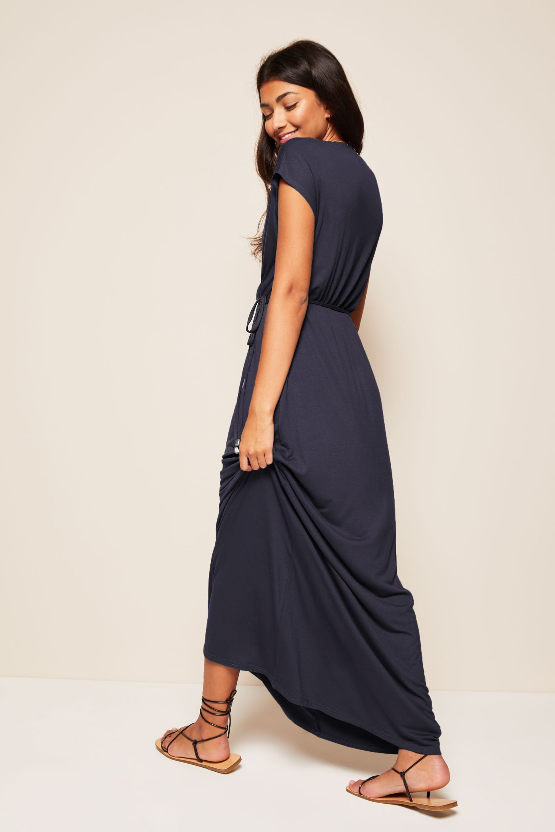 Friends Like These Navy Blue Short Sleeve Wrap V Neck Tie Waist Summer Maxi Dress - Image 3 of 4