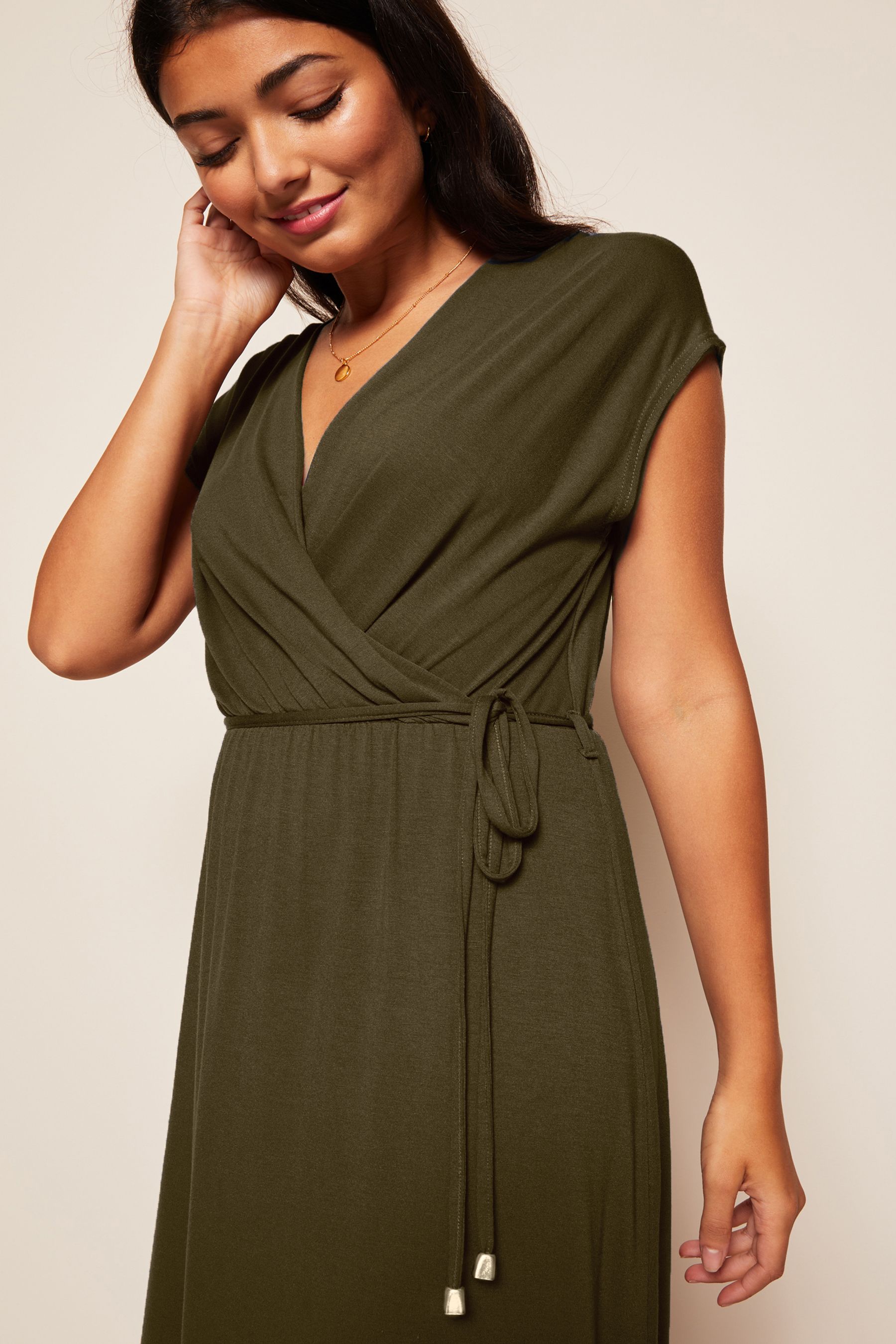 Buy Friends Like These Khaki Green Short Sleeve Wrap V Neck Tie Waist Summer Maxi Dress from Next Luxembourg