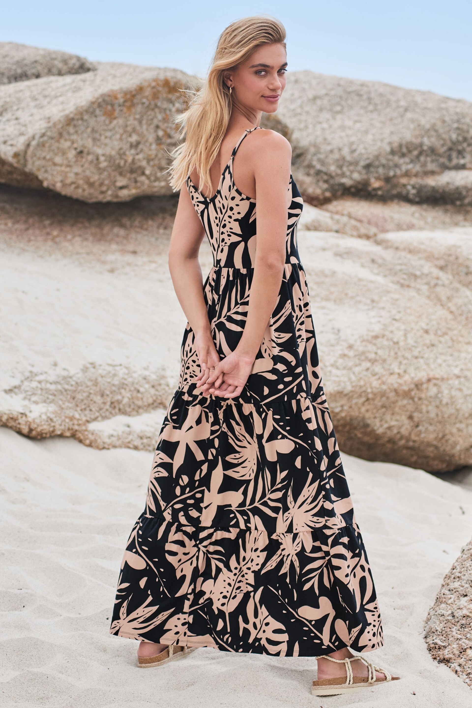 Friends Like These Black Tropical Strappy Tiered Scoop Neck Summer Maxi Dress - Image 2 of 4
