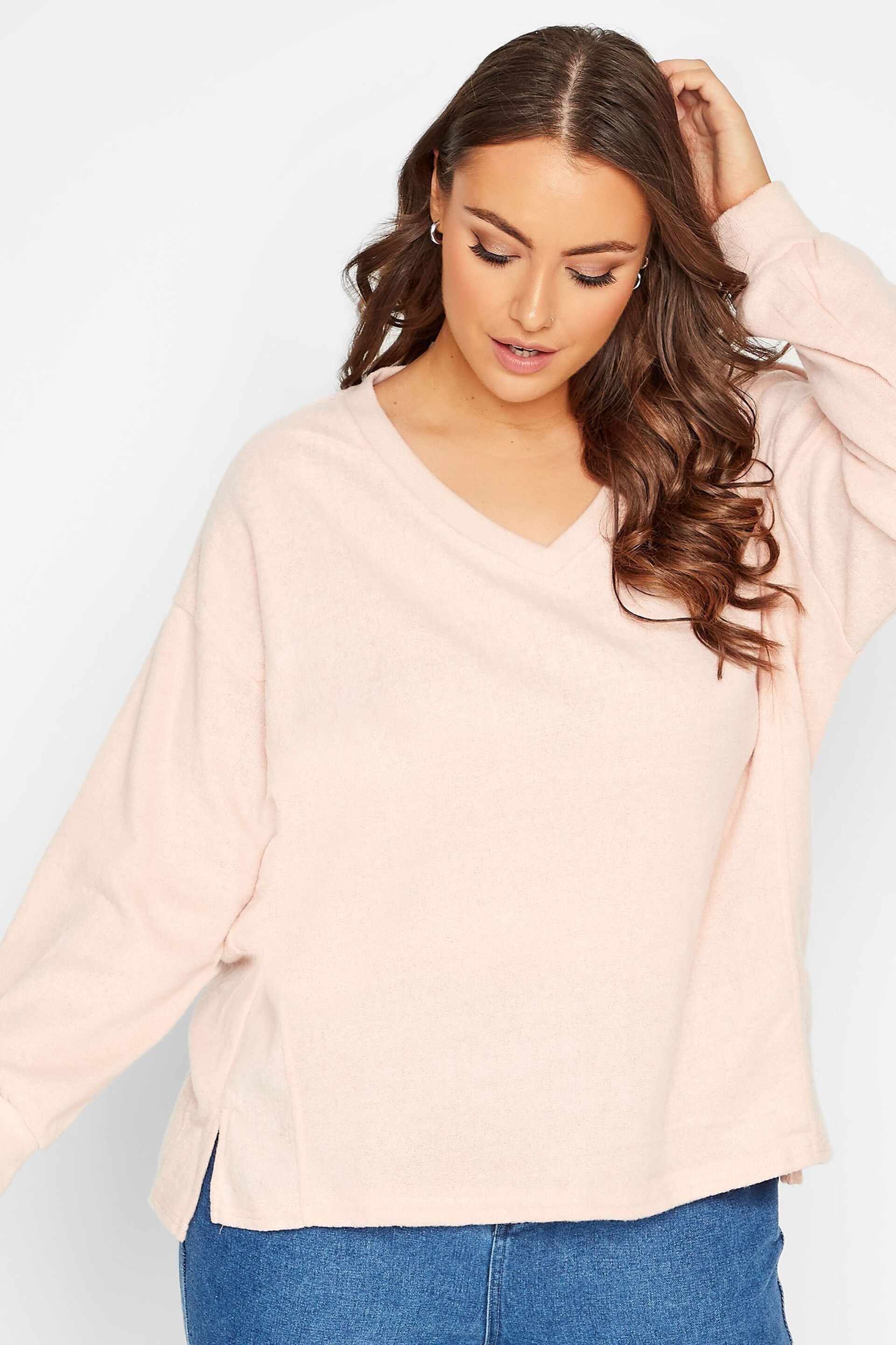 Yours Curve Pink Stretch Drop Shoulder Fleece V-Neck Sweatshirt - Image 1 of 4