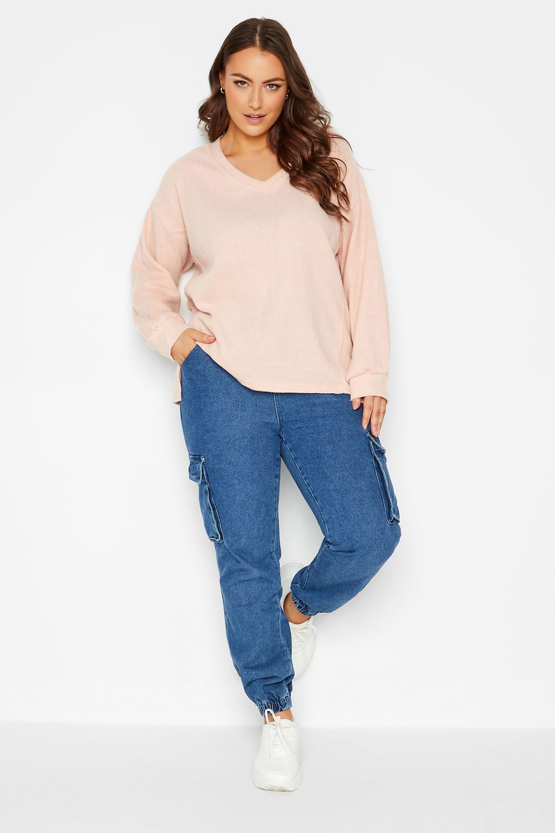 Yours Curve Pink Stretch Drop Shoulder Fleece V-Neck Sweatshirt - Image 3 of 4