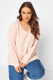 Yours Curve Pink Stretch Drop Shoulder Fleece V-Neck Sweatshirt - Image 4 of 4