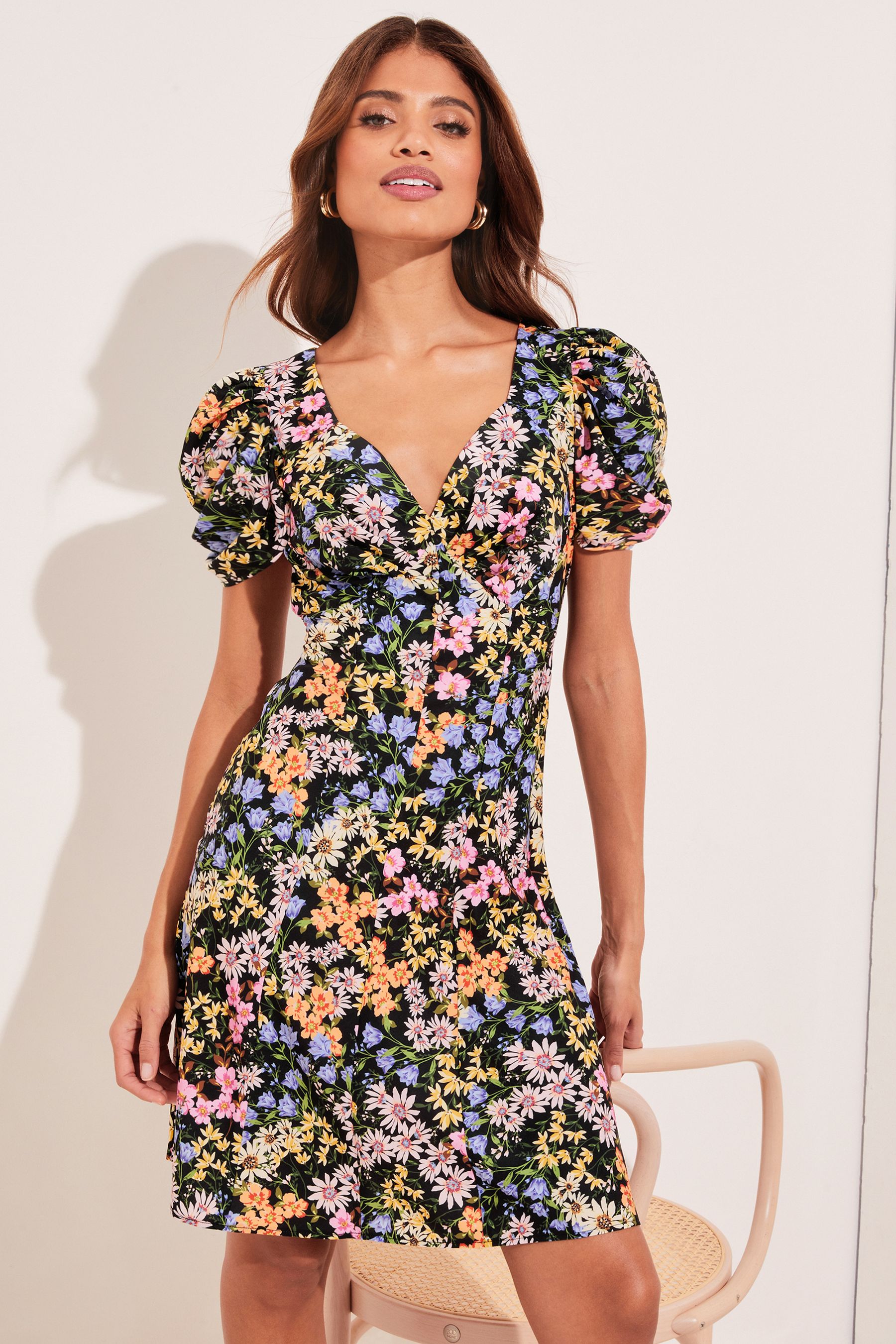 Buy Lipsy Black Floral Print Sweetheart Puff Sleeve Mini Dress from Next Luxembourg