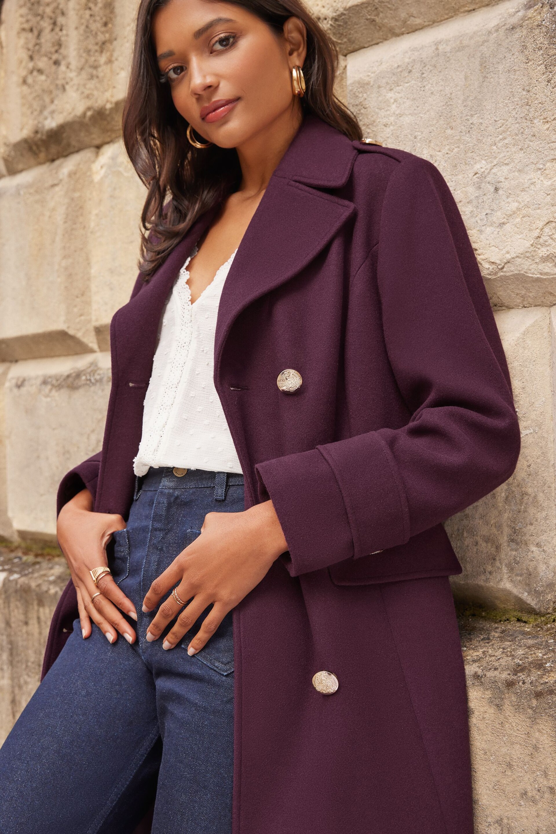 Love & Roses Purple Premium Military Long Line Trench Coat - Image 2 of 4