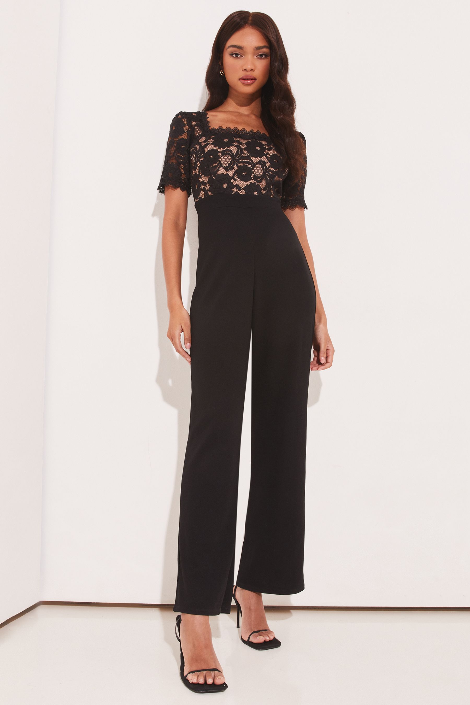 Buy Lipsy Black Petite Lace Square Neck Summer Wide Leg Jumpsuit from Next Denmark
