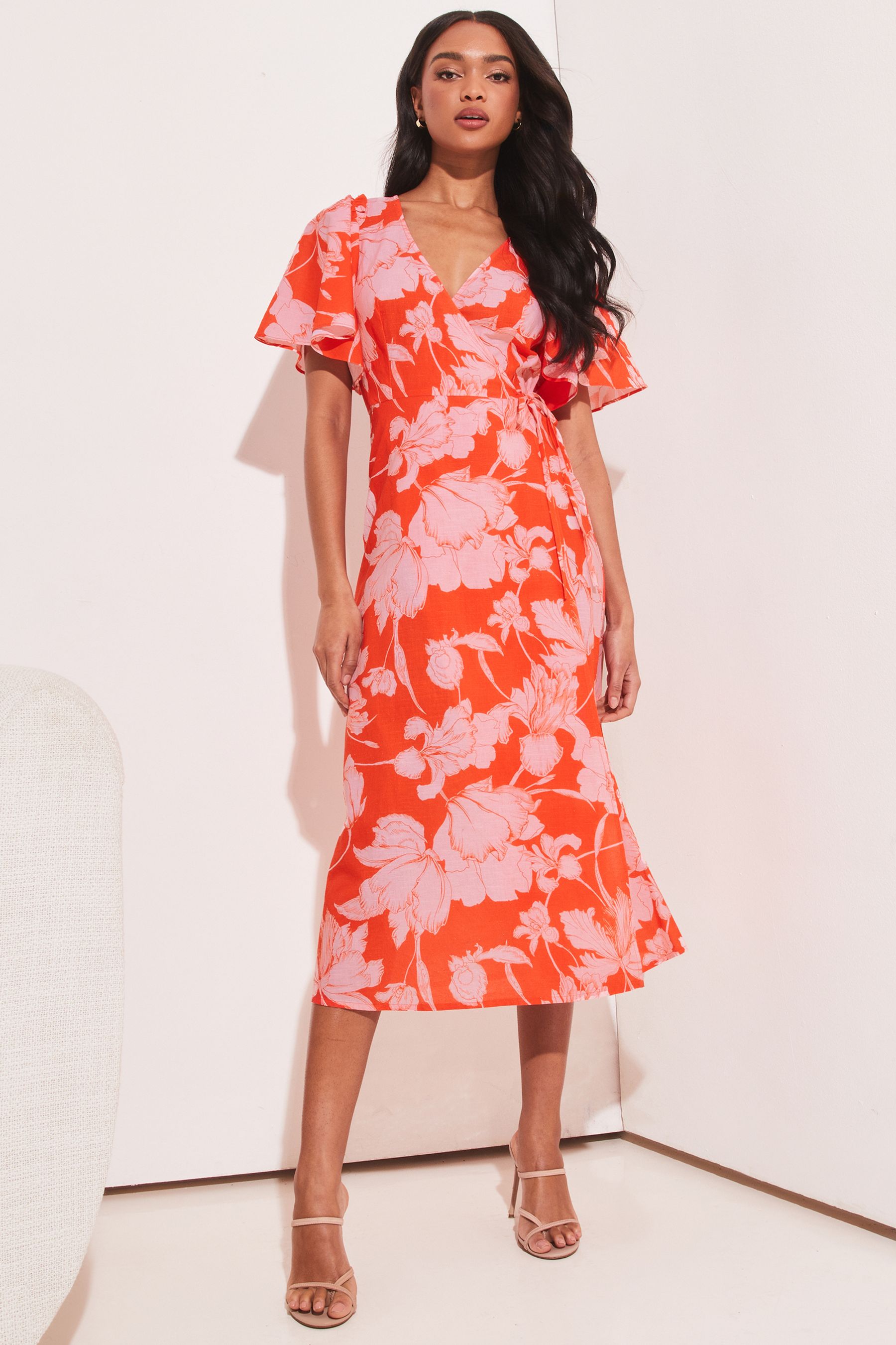Lipsy Orange Red Floral V Neck Flutter Sleeve Wrap Waist Tie Midi Dress