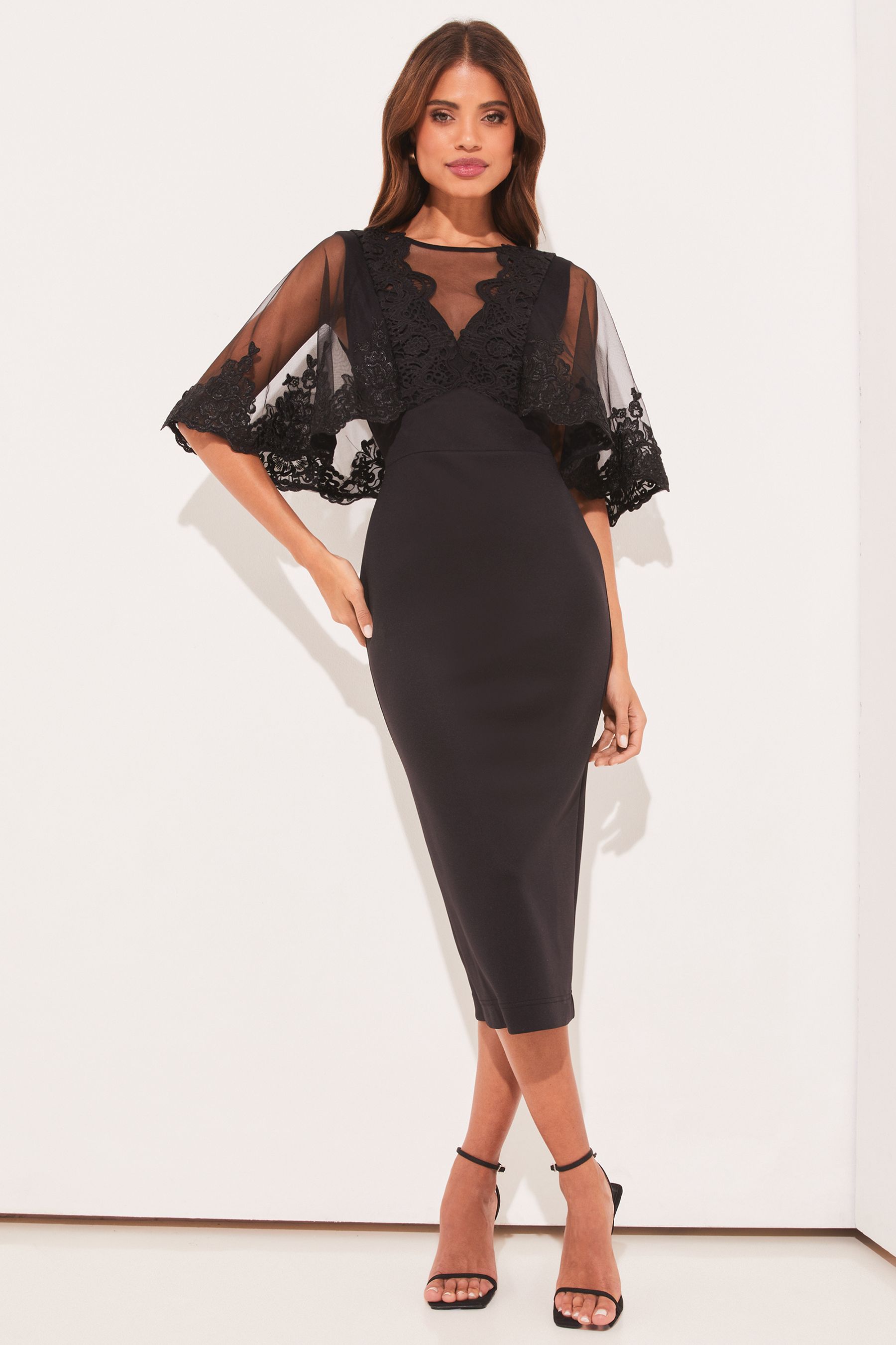 Buy Lipsy Black Artwork Lace Sheer Sleeve Bodycon Midi Dress from Next Luxembourg