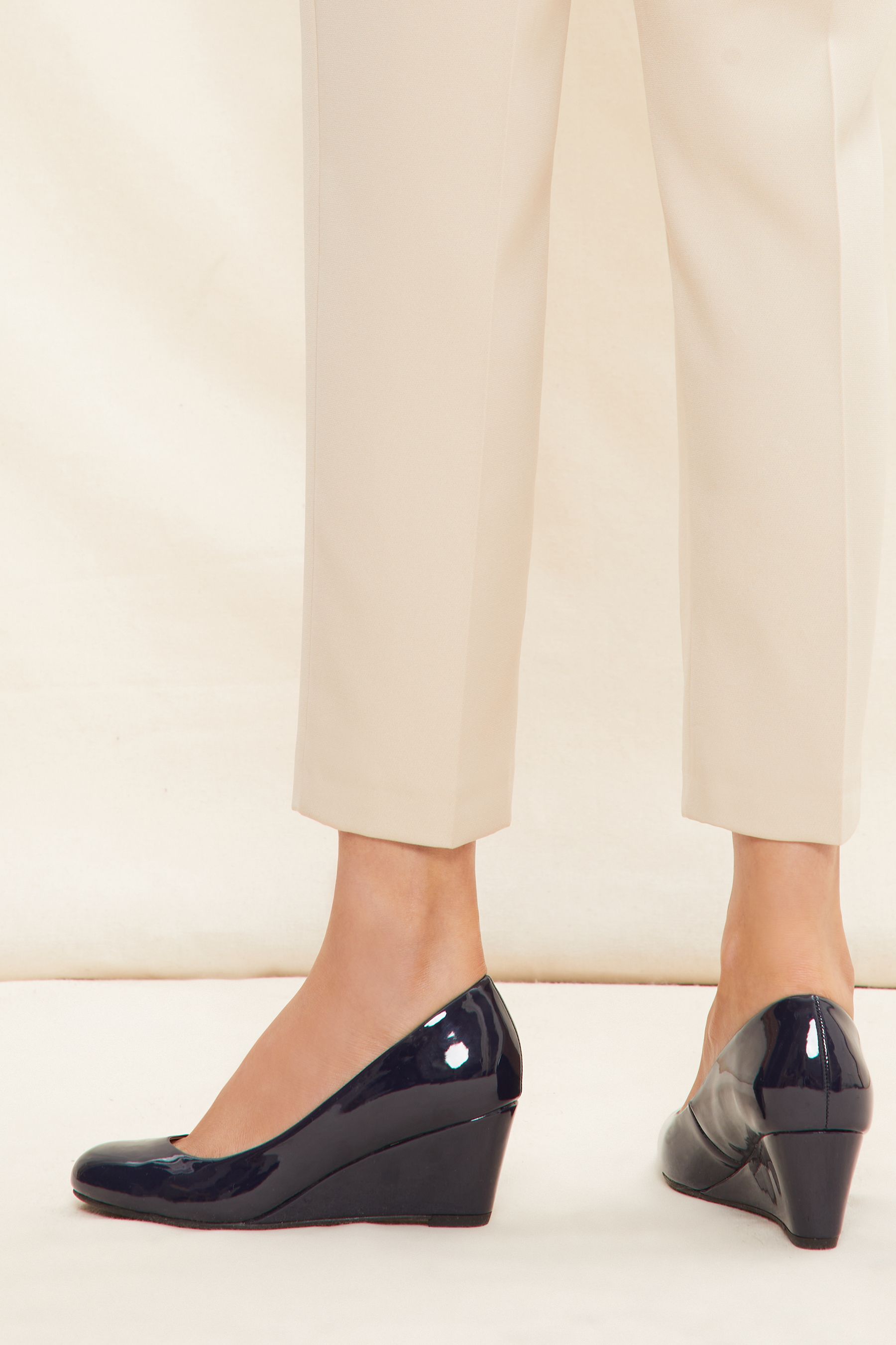 Navy patent wedge shoes discount