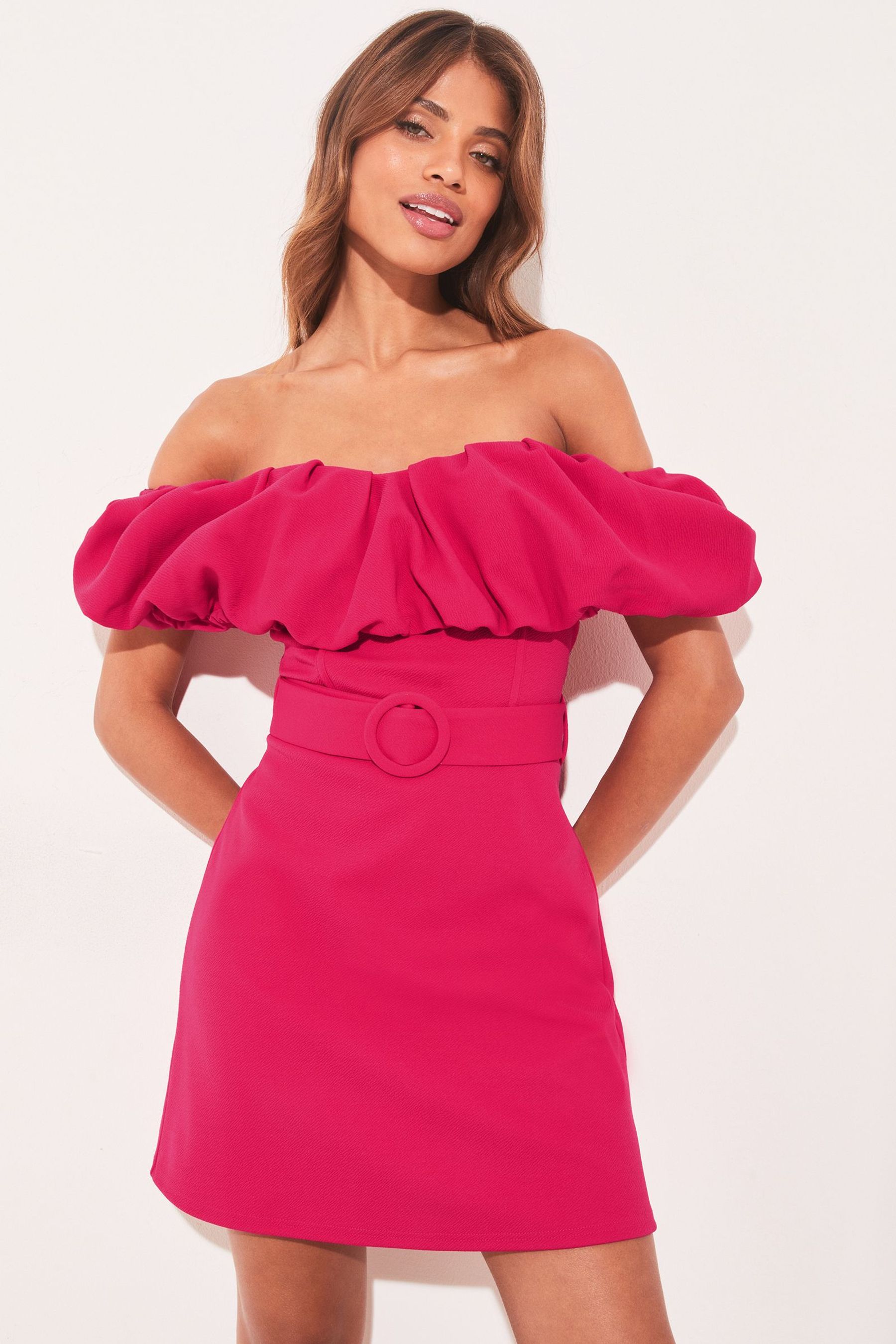 Lipsy red ruffle bardot bodycon dress discount