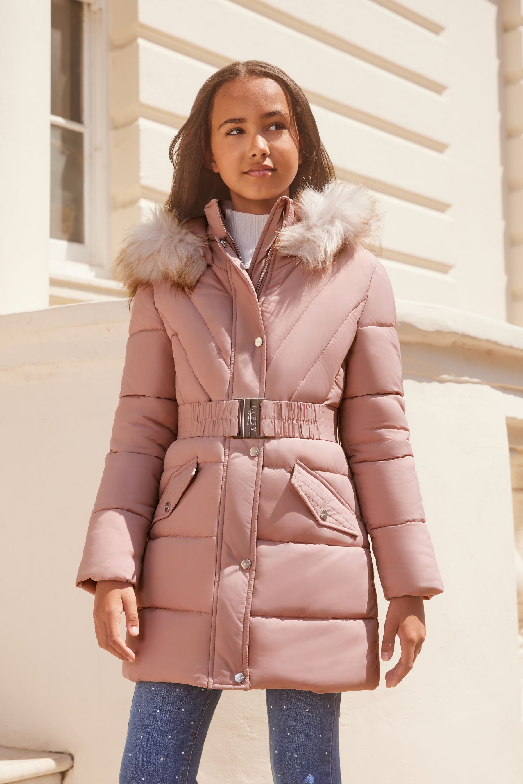 Buy Lipsy Pink Longline Belted Padded School Coat from Next Luxembourg