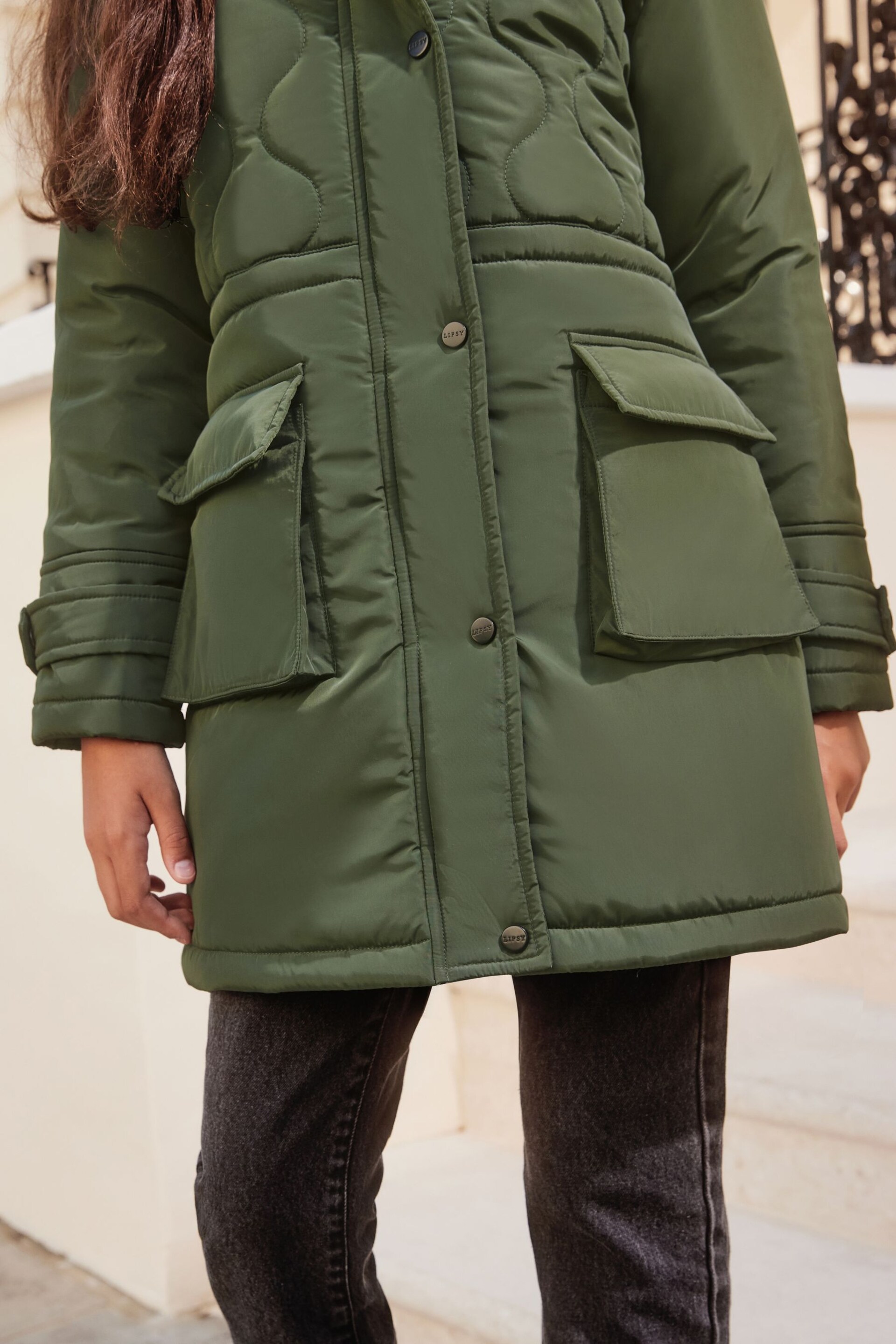 Lipsy Khaki Green Shower Resistant Padded Parka School Coat - Image 4 of 4