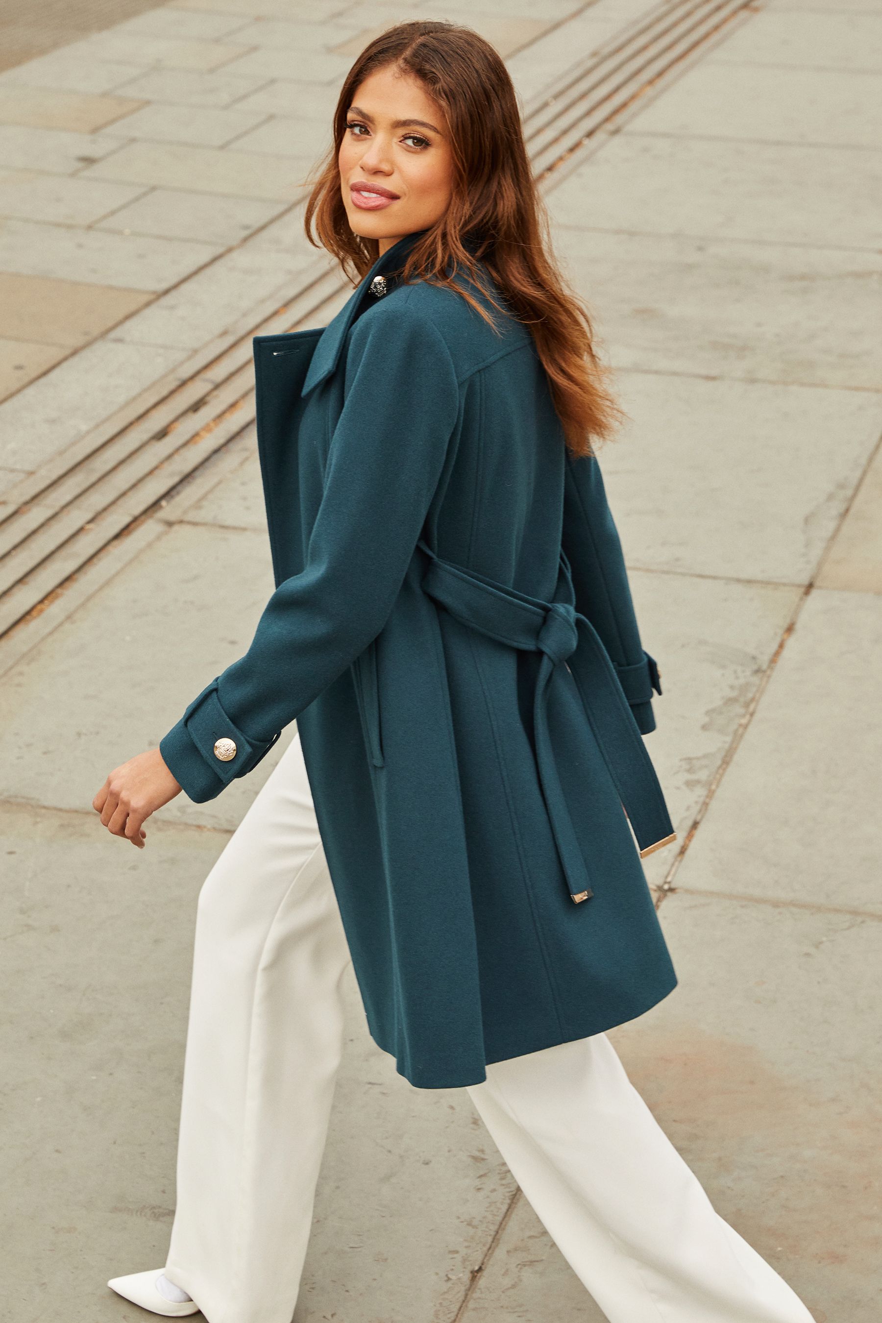 Buy Lipsy Teal Green Petite Military Button Wrap High Neck Belted Coat from Next Luxembourg