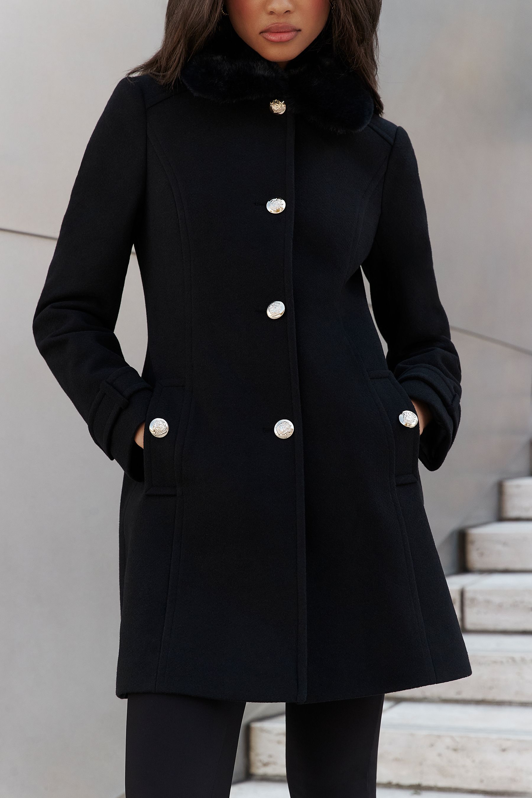 Buy Lipsy Black Faux Fur Collar Military Button Coat from Next Luxembourg