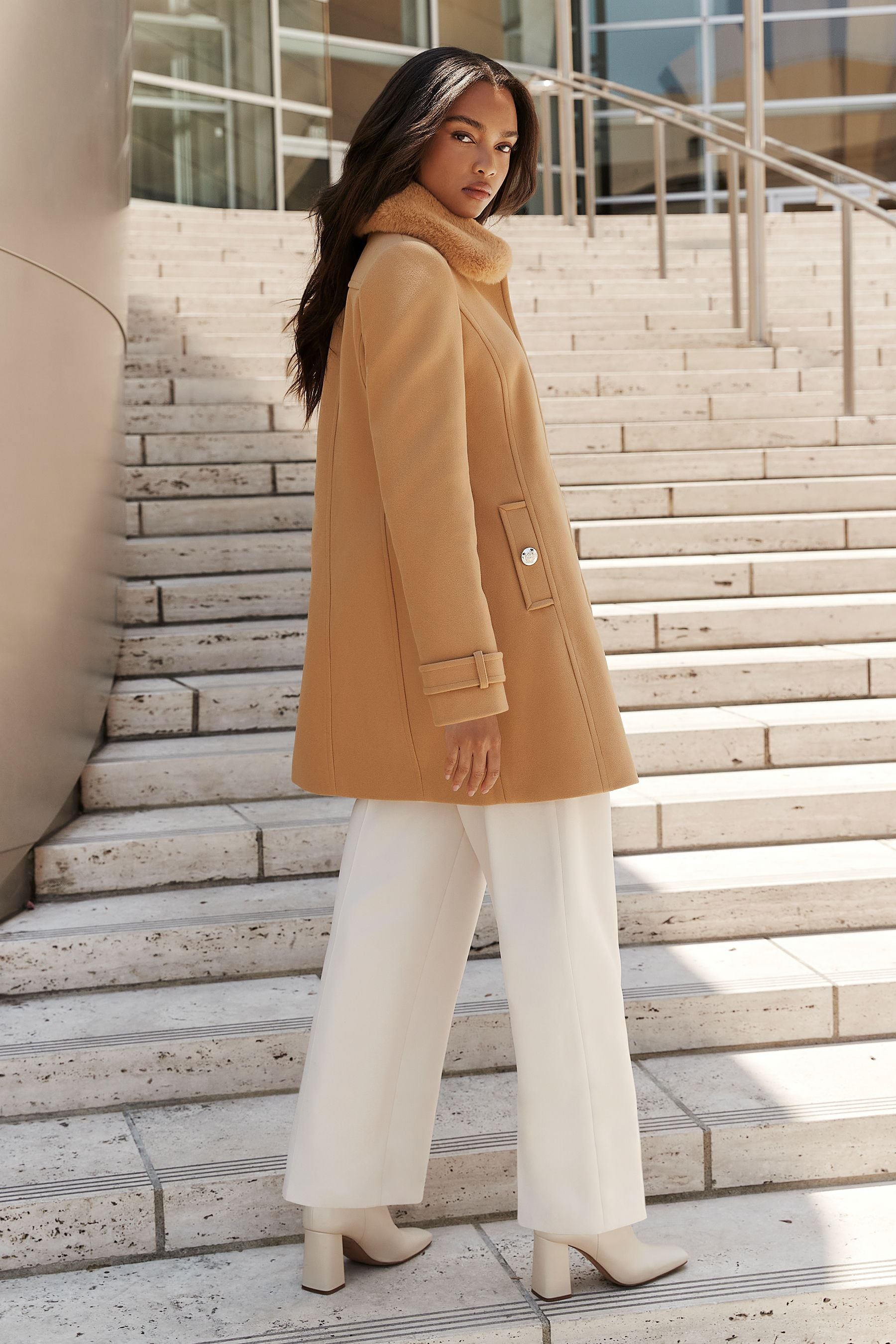 Buy Lipsy Camel Faux Fur Collar Military Button Coat from Next Luxembourg