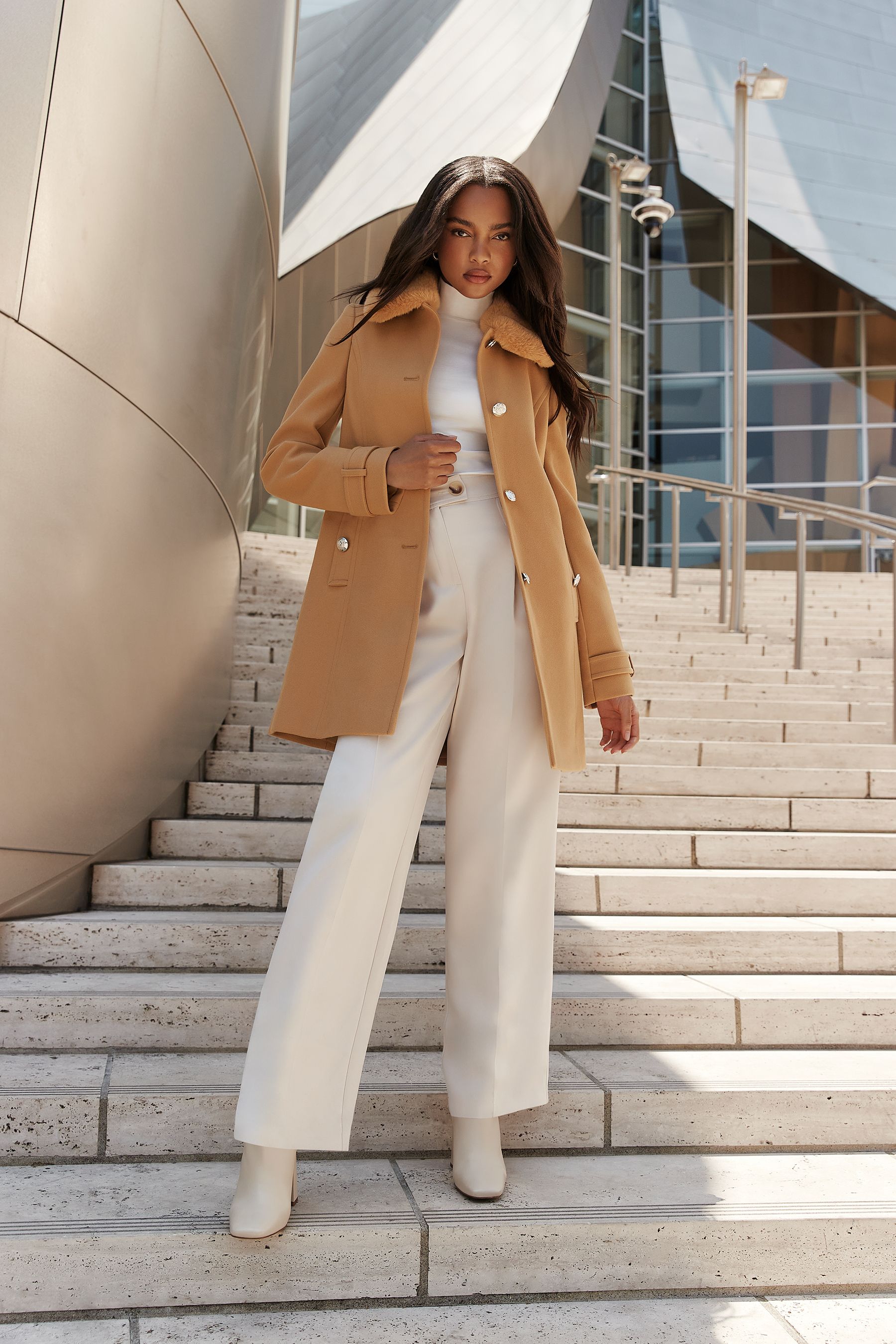 Buy Lipsy Camel Faux Fur Collar Military Button Coat from Next Luxembourg