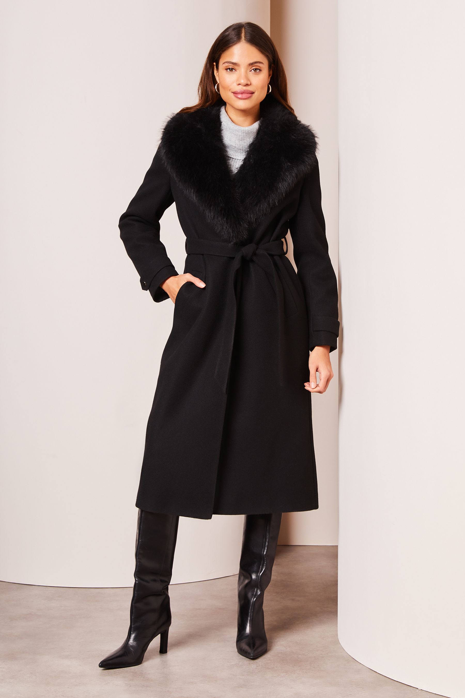 Buy Lipsy Black Faux Fur Collar Belted Longline Wrap Coat from Next Oman