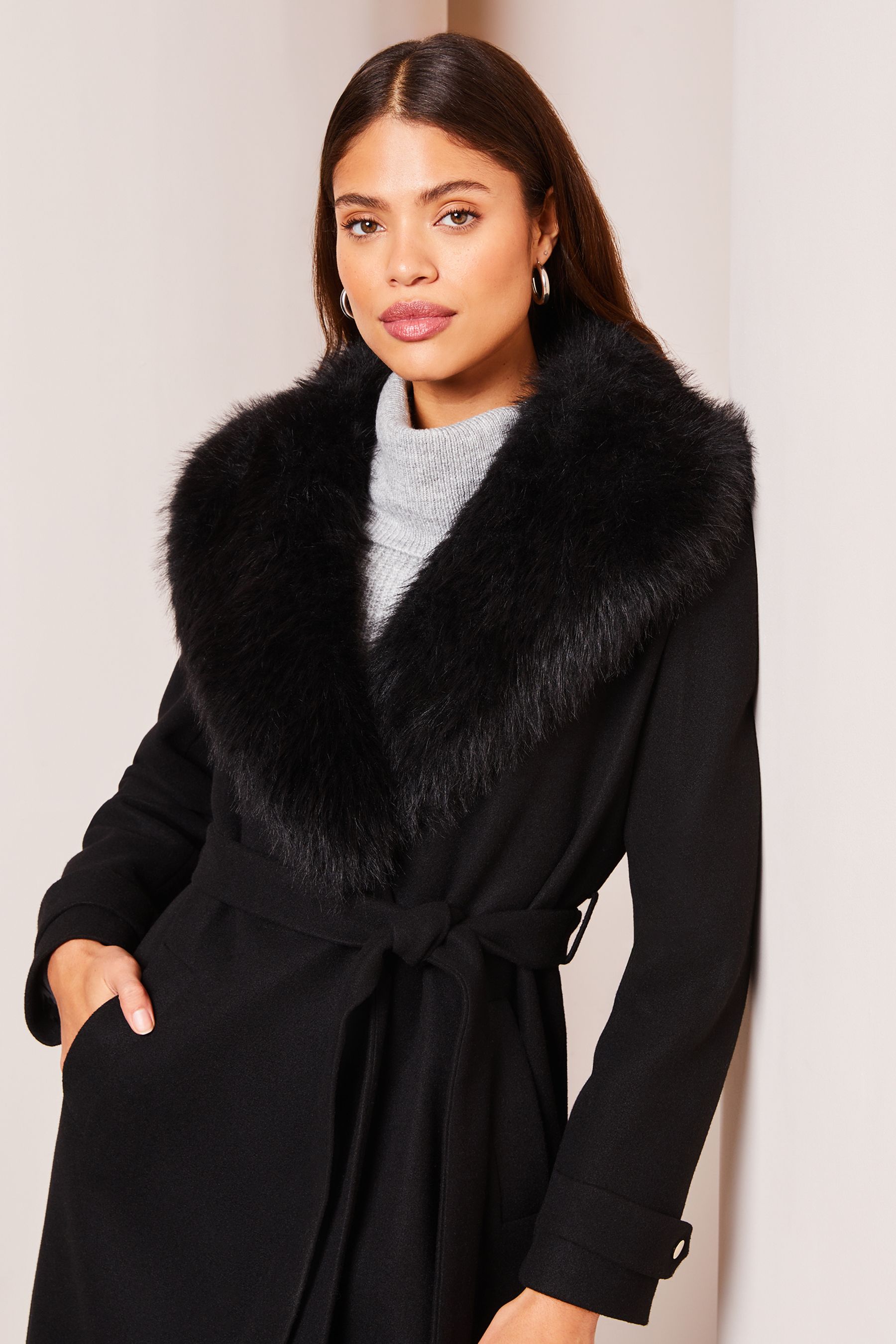 Buy Lipsy Black Faux Fur Collar Belted Longline Wrap Coat from Next Luxembourg